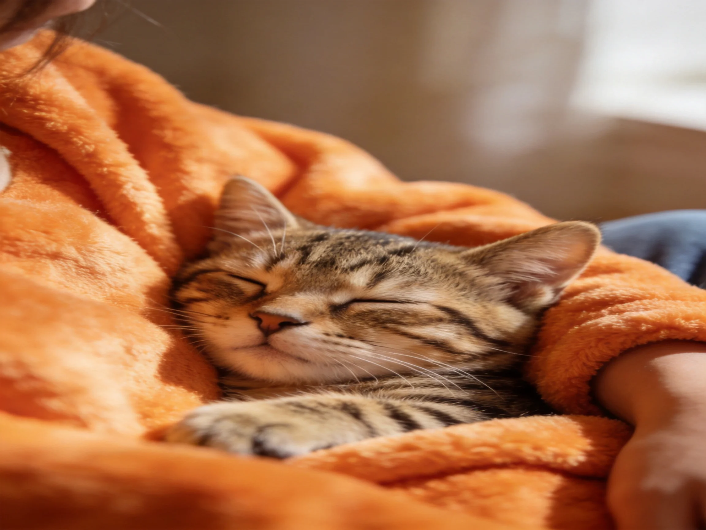 A tabby kitten sleeps peacefully in a soft orange blanket.