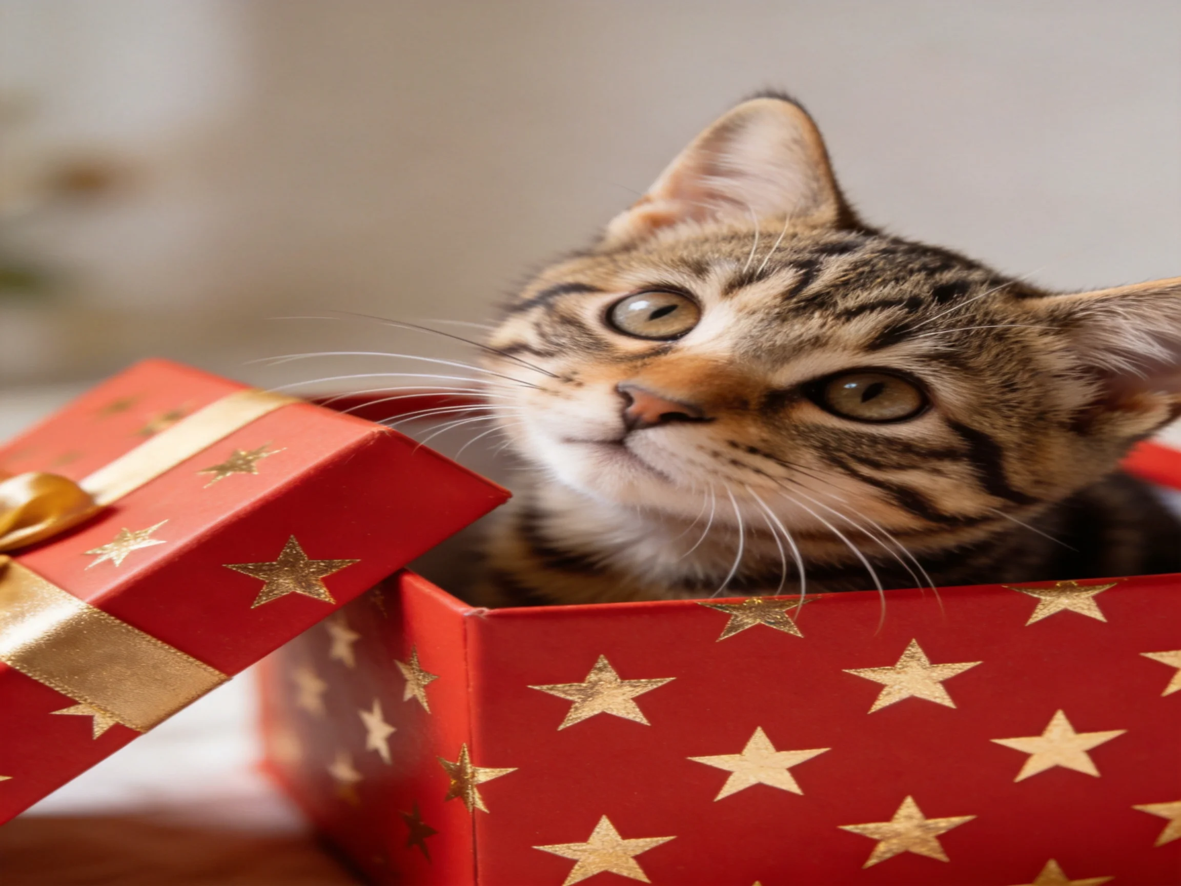 A tabby kitten sits inside an open red star-patterned gift box.