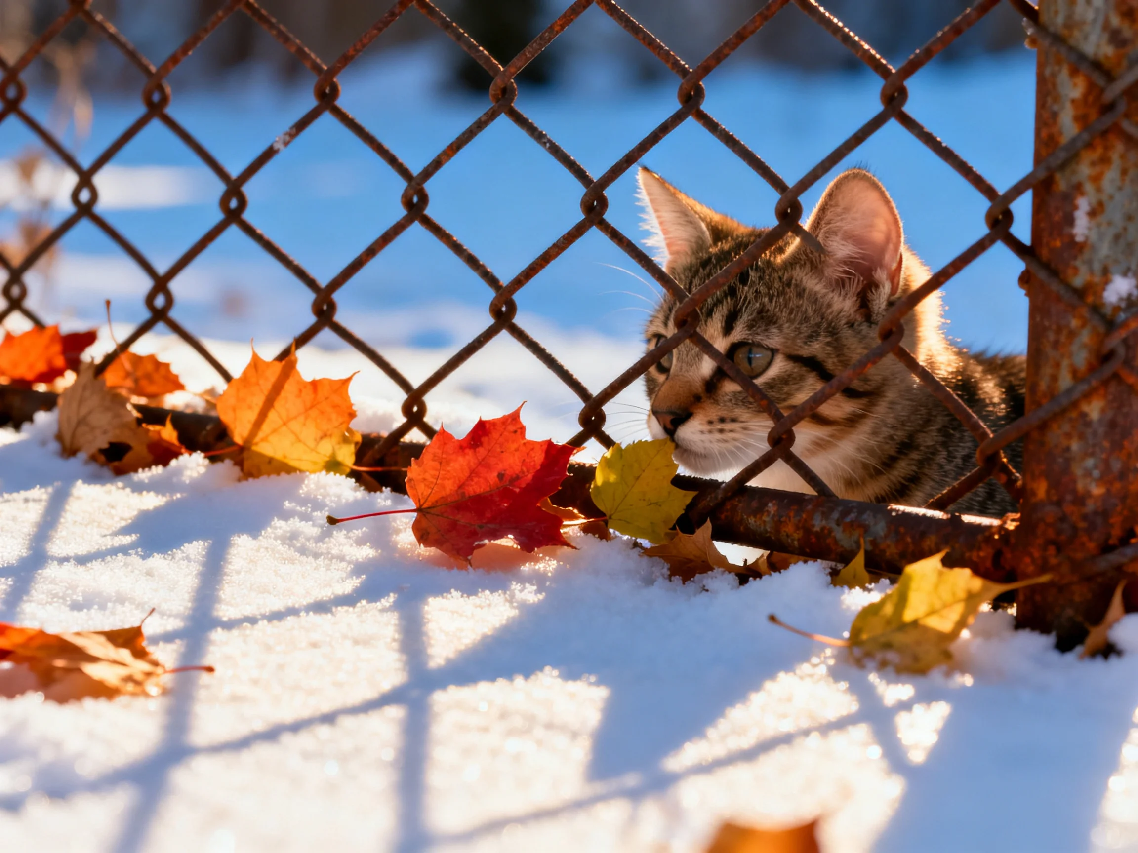 A tabby kitten peers from behind a rusted fence near snow-covered ground with autumn leaves.