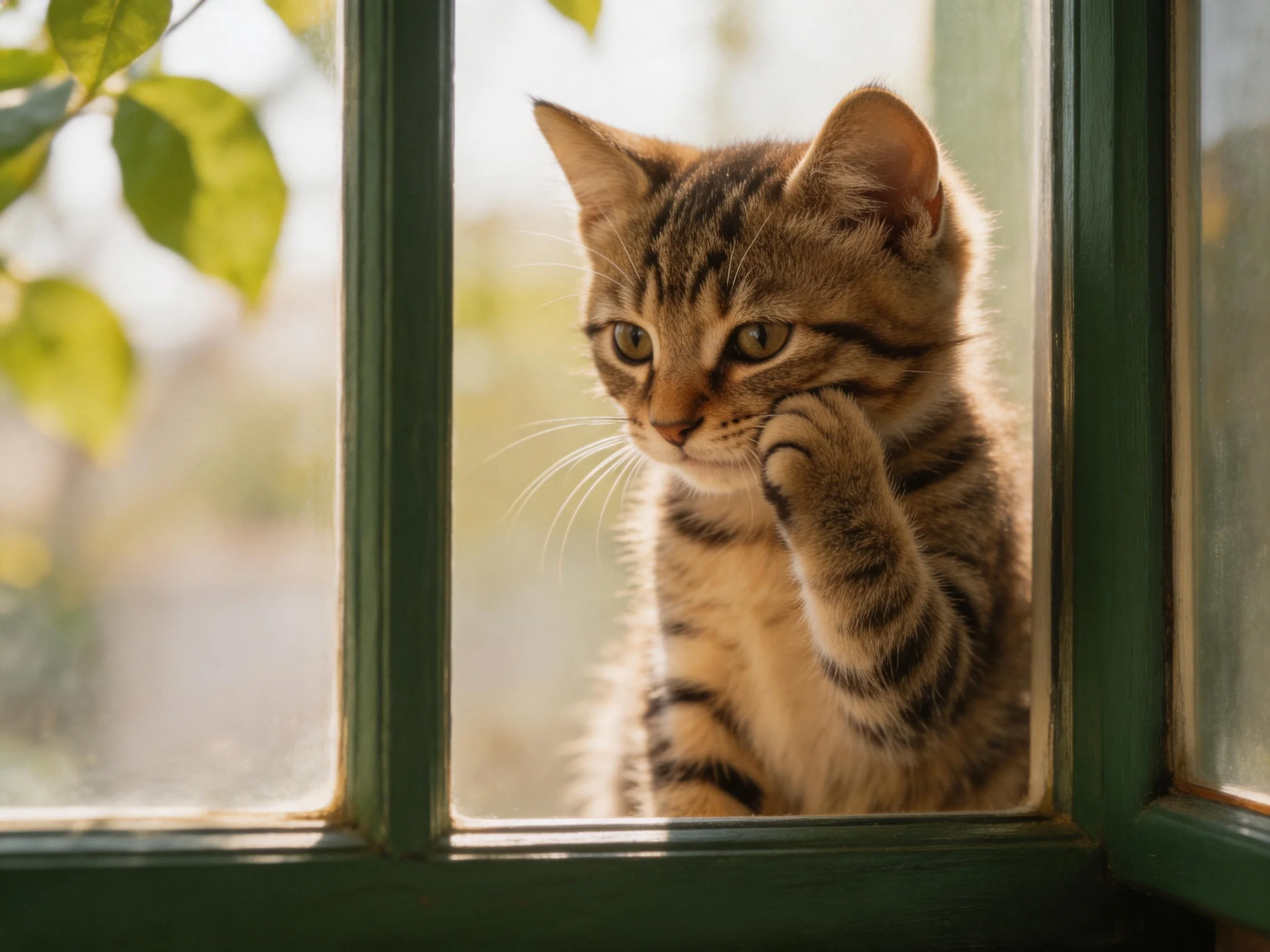 A tabby kitten peering out of a green-framed window with sunlight streaming