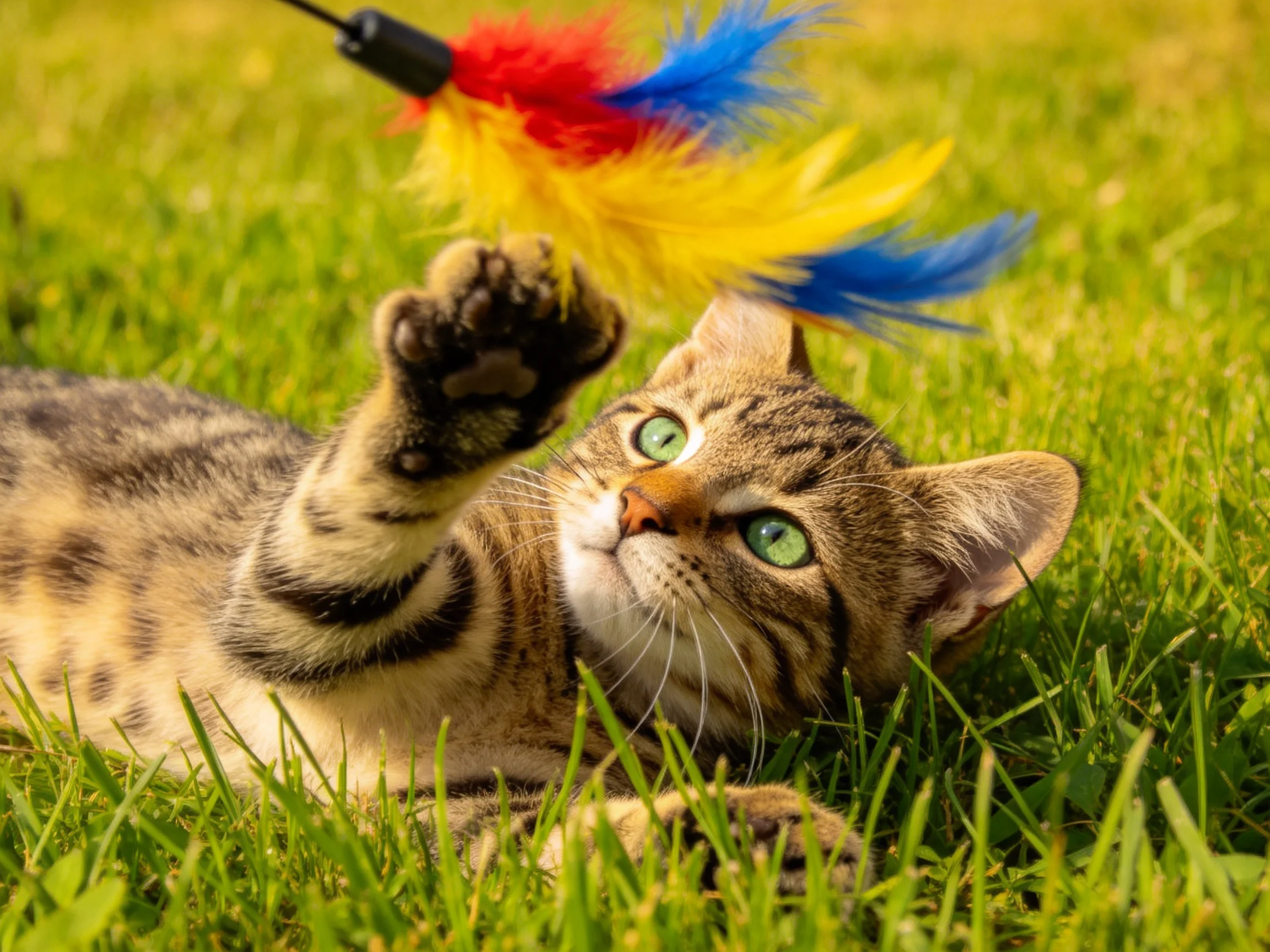 A tabby kitten plays with colorful feather toys on green grass