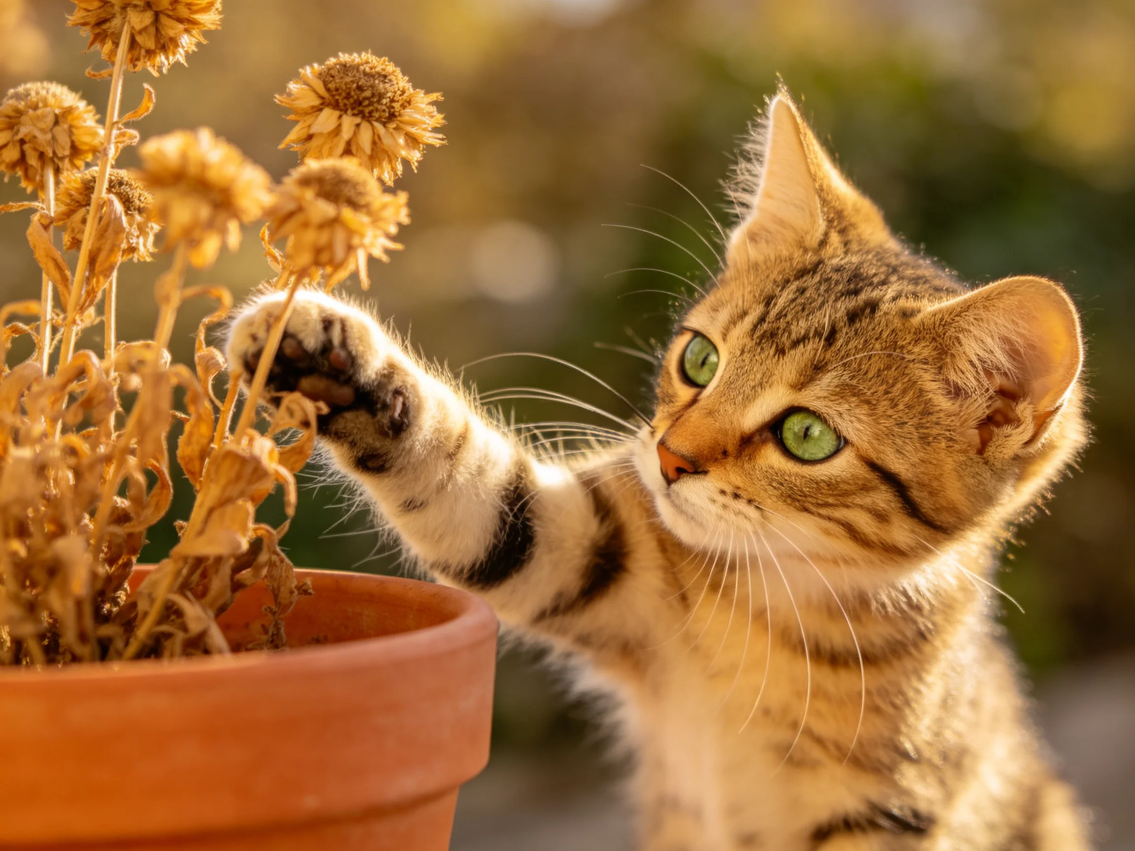 A tabby kitten reaches for golden blooms in a terracotta pot