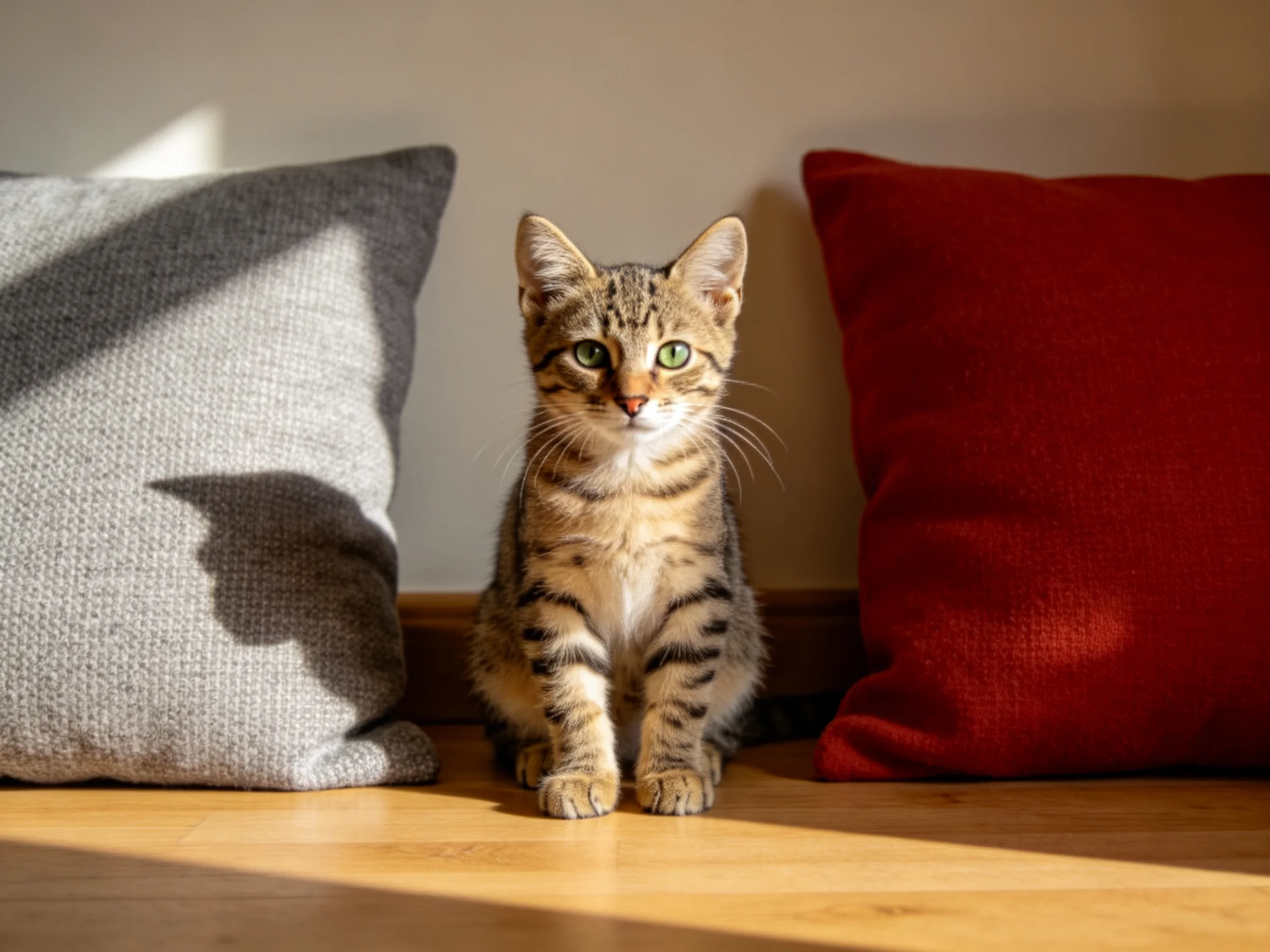 A tabby kitten sits between gray and red throw pillows in a sunlit room.