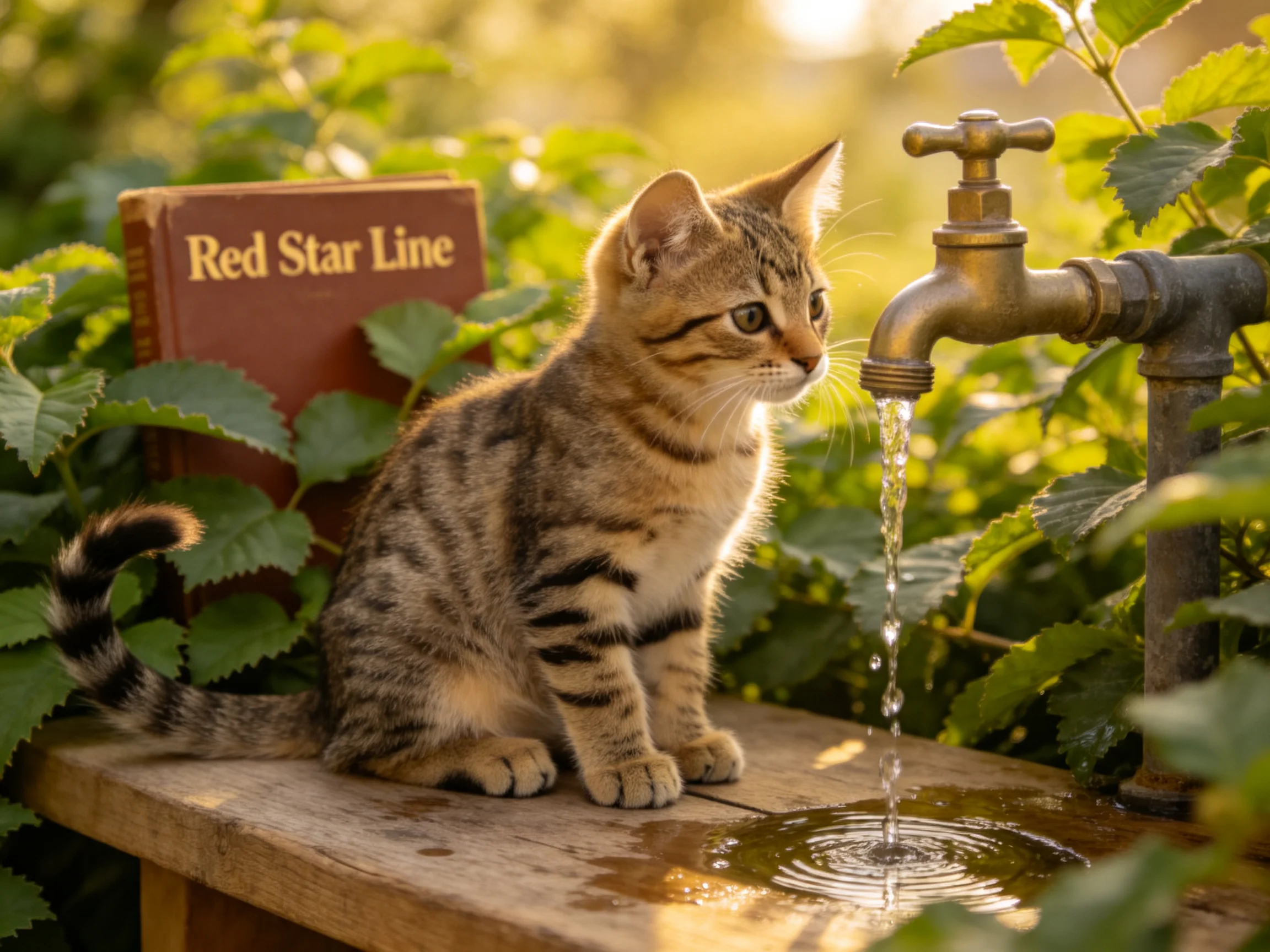 A tabby kitten sits near an aged brass outdoor faucet in a sunlit, leafy environment.