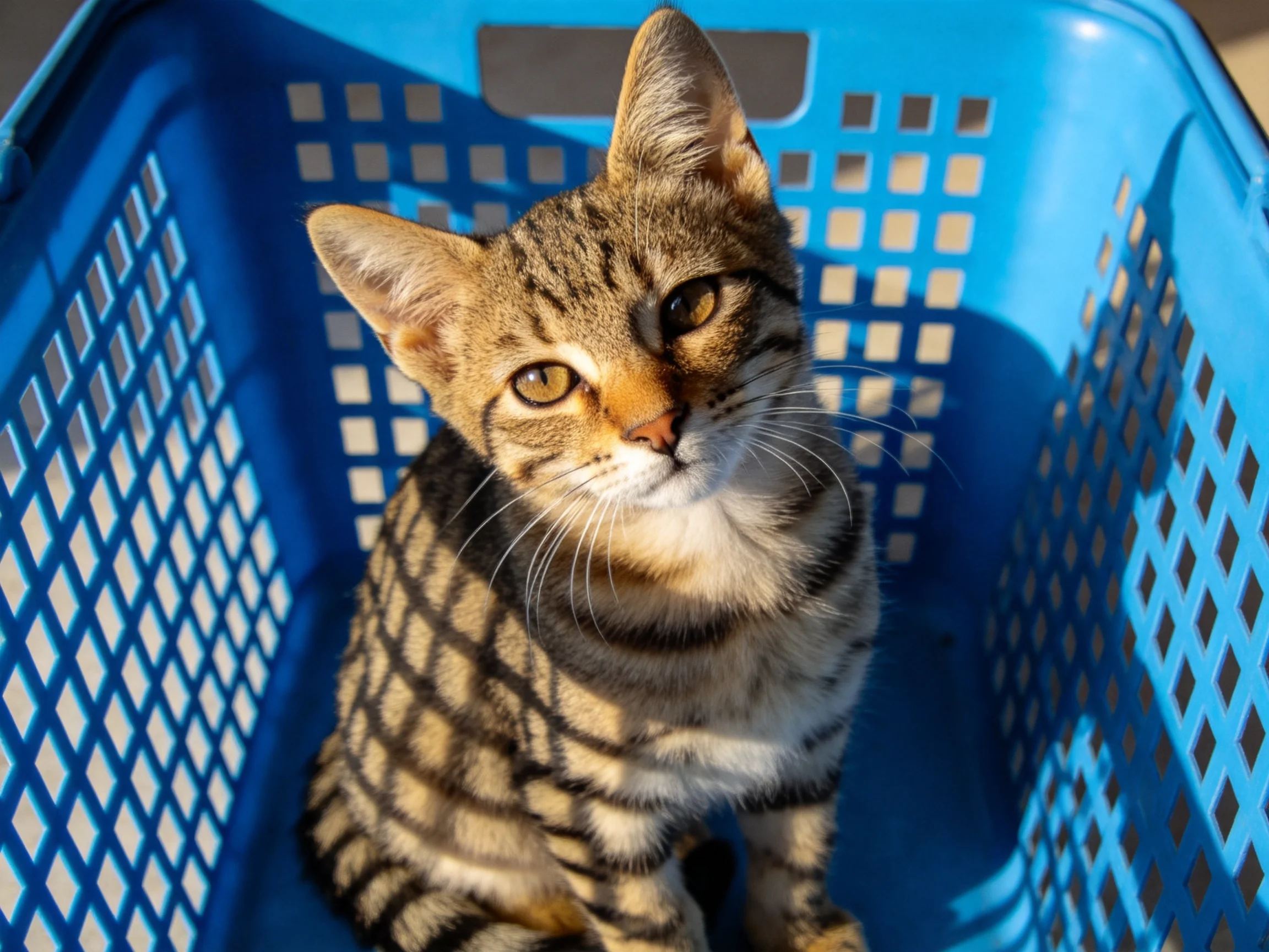 A tabby kitten sits inside a bright blue perforated plastic basket