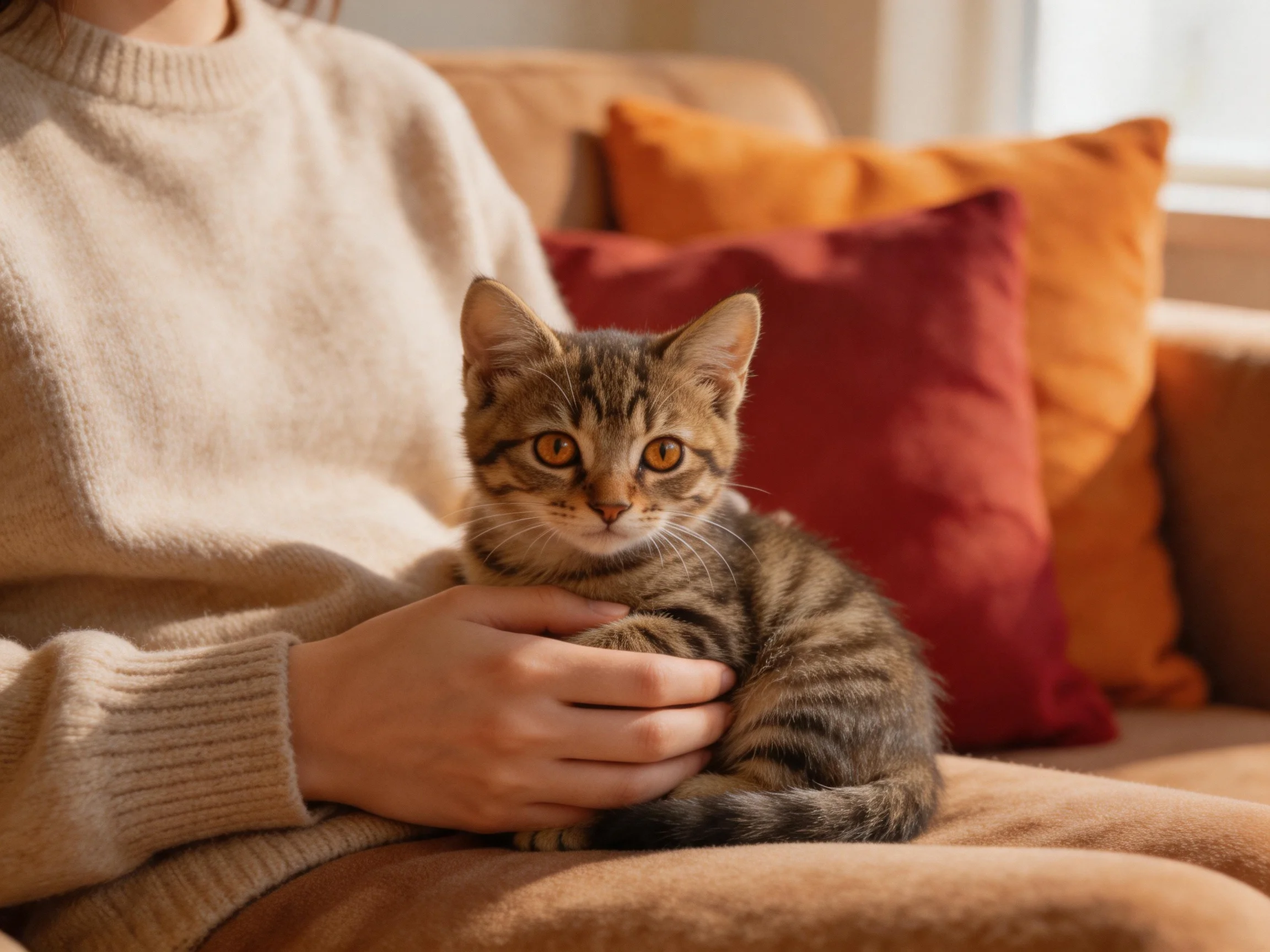 A tabby kitten sits on a couch with orange and red cushions