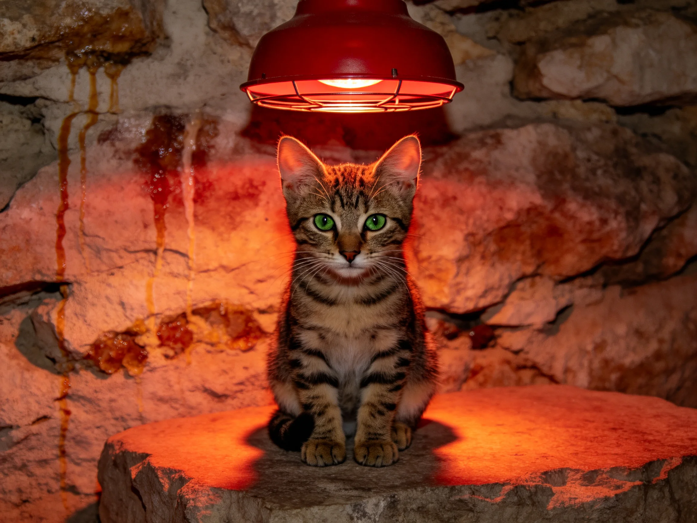 A tabby kitten sits under a red lamp near a stone wall