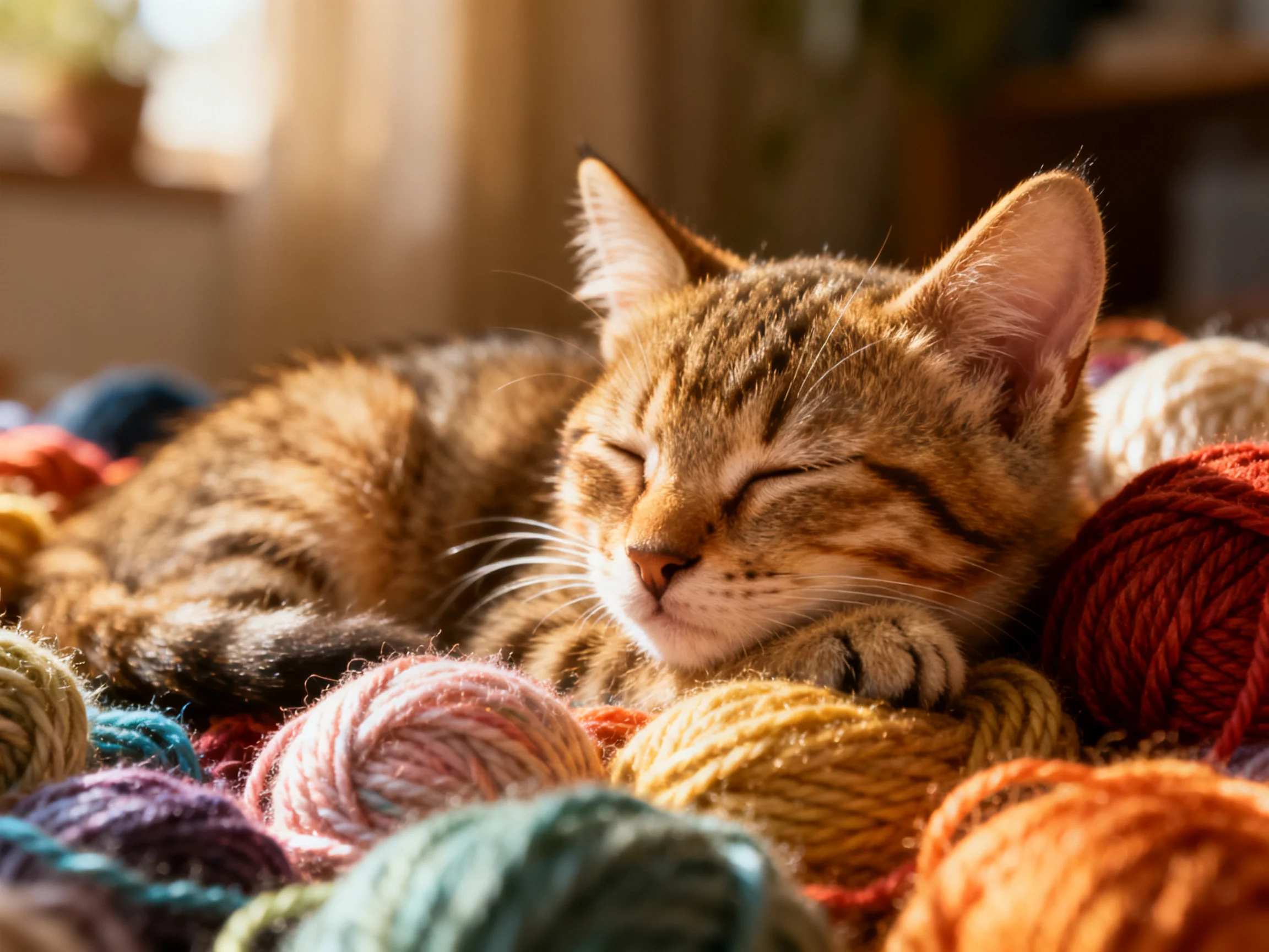 A tabby kitten naps among colorful yarn balls.