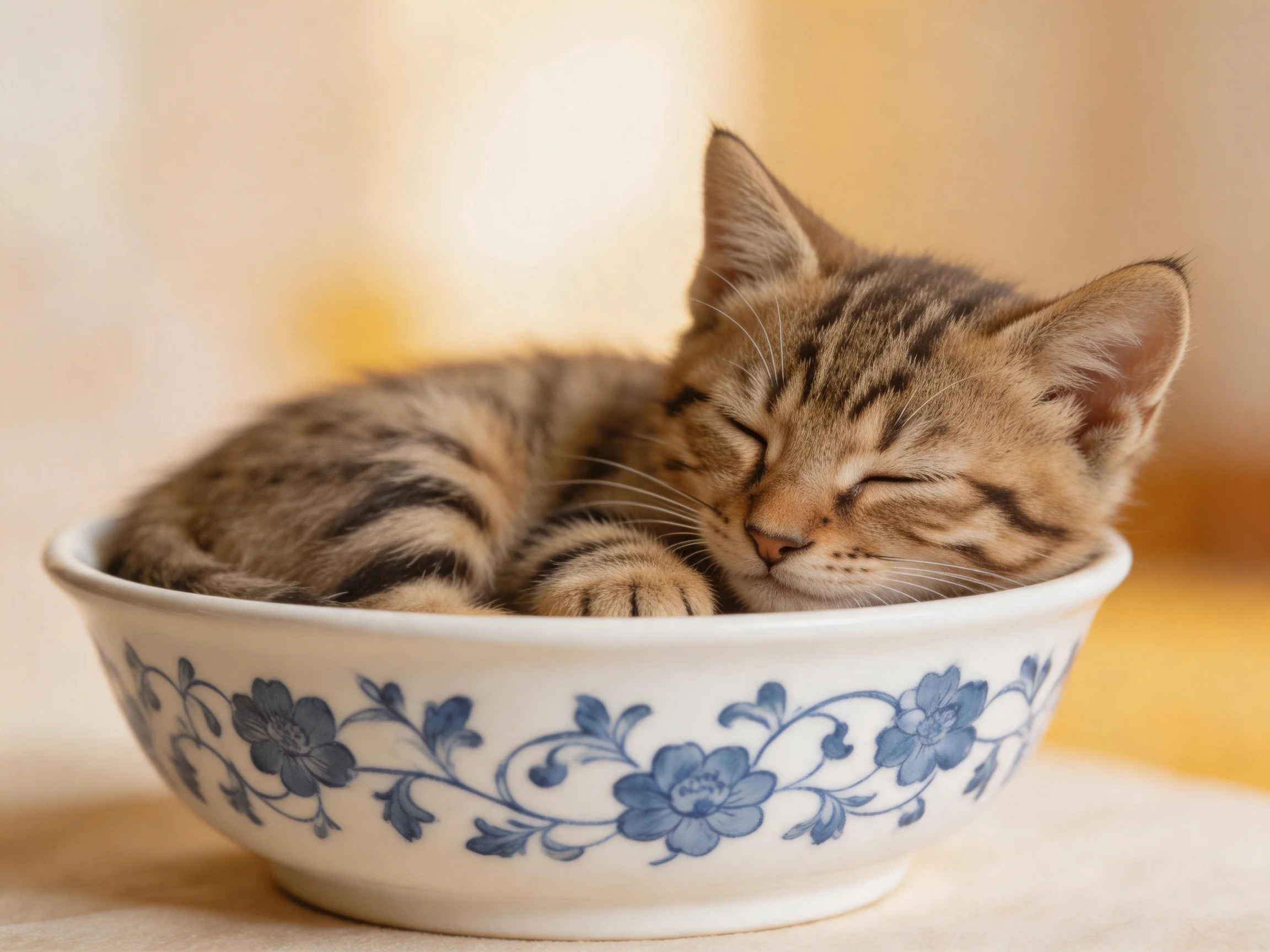 A tabby kitten naps inside a white bowl with blue designs.