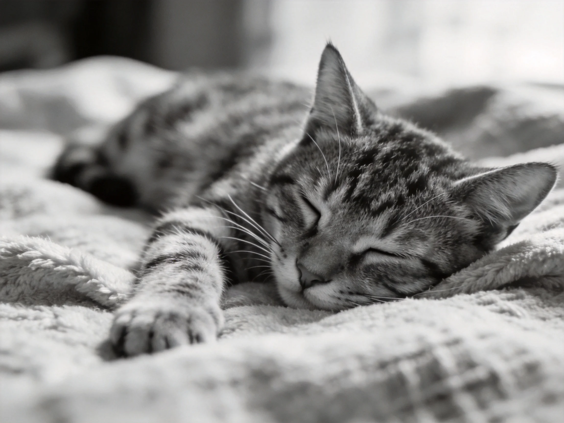 A tabby kitten sleeps on a soft textured blanket