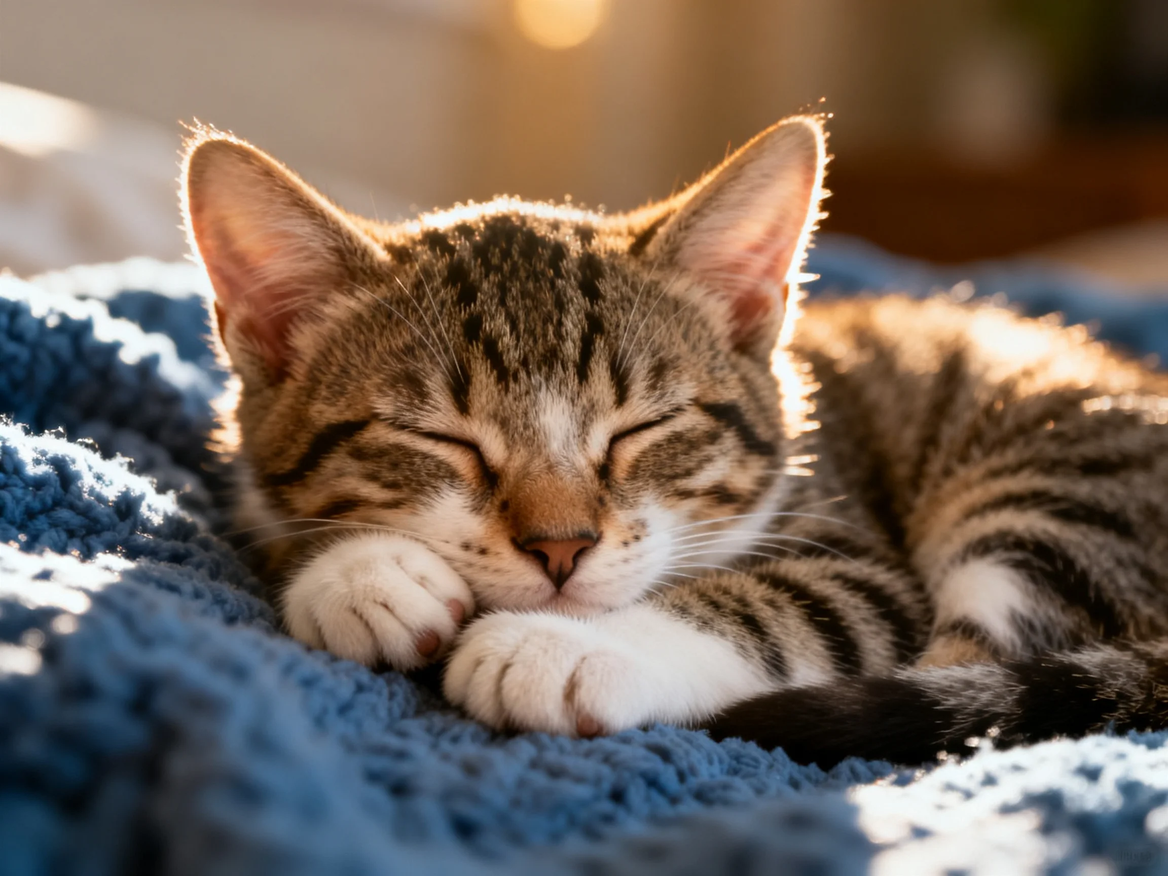 A tabby kitten sleeps peacefully on a soft blue blanket in warm sunlight