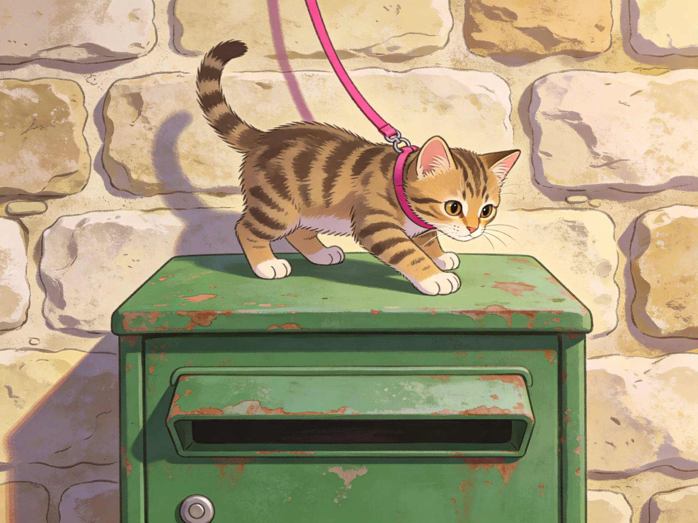A tabby kitten with a pink leash stands on an aged green mailbox