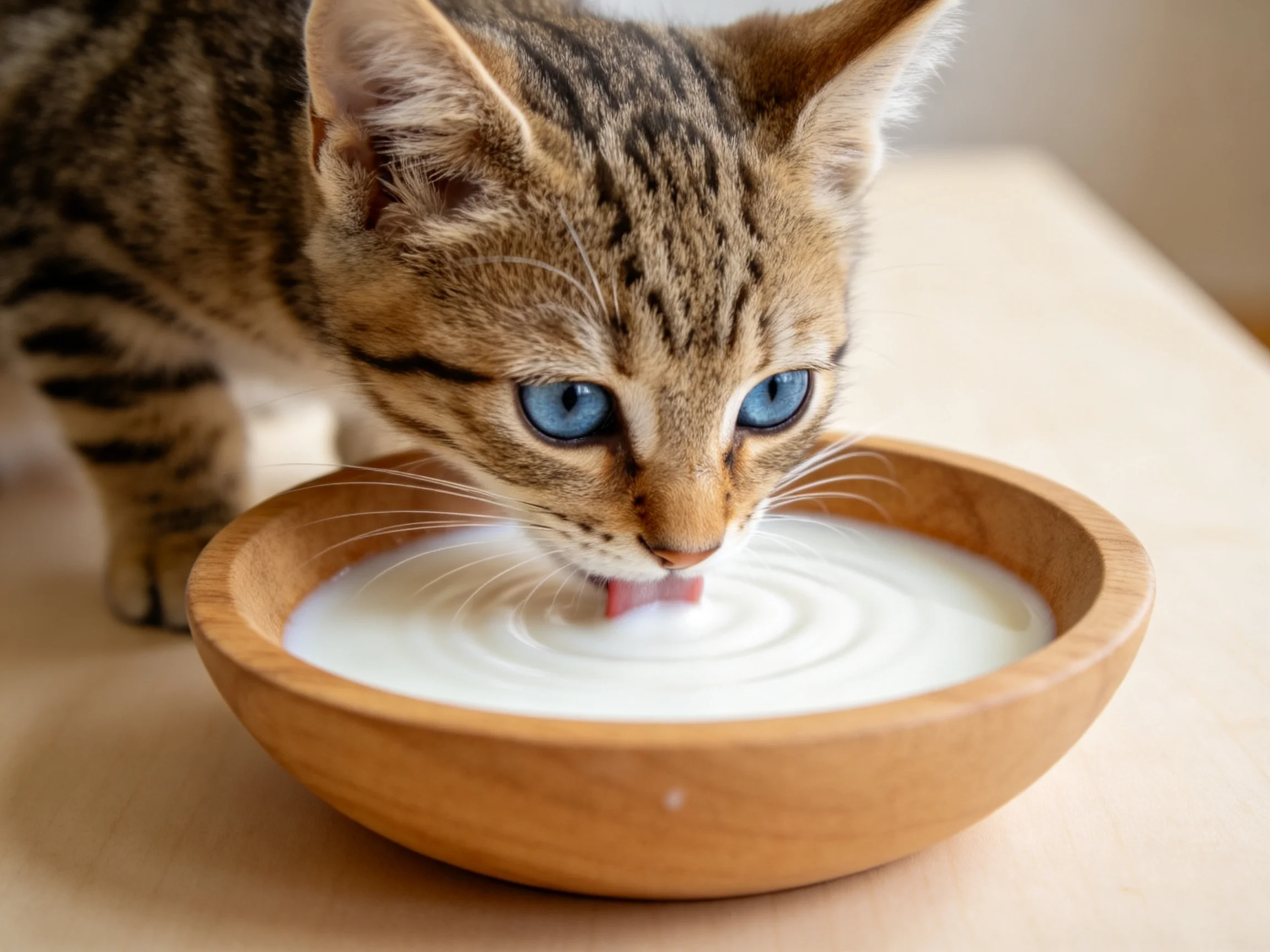 A tabby kitten drinks milk from a wooden bowl