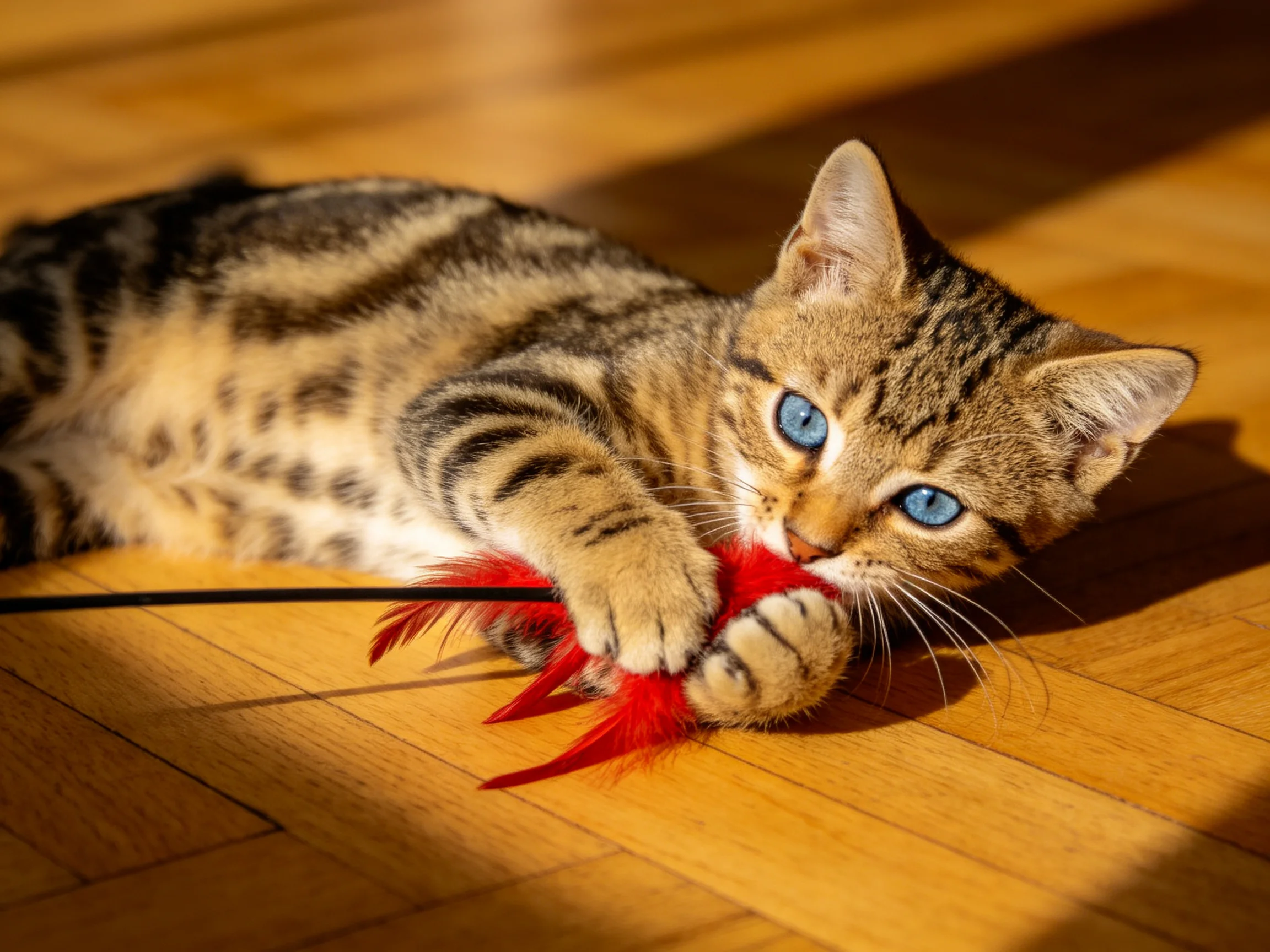A tabby kitten with blue eyes plays with a red feather toy on a wooden floor.