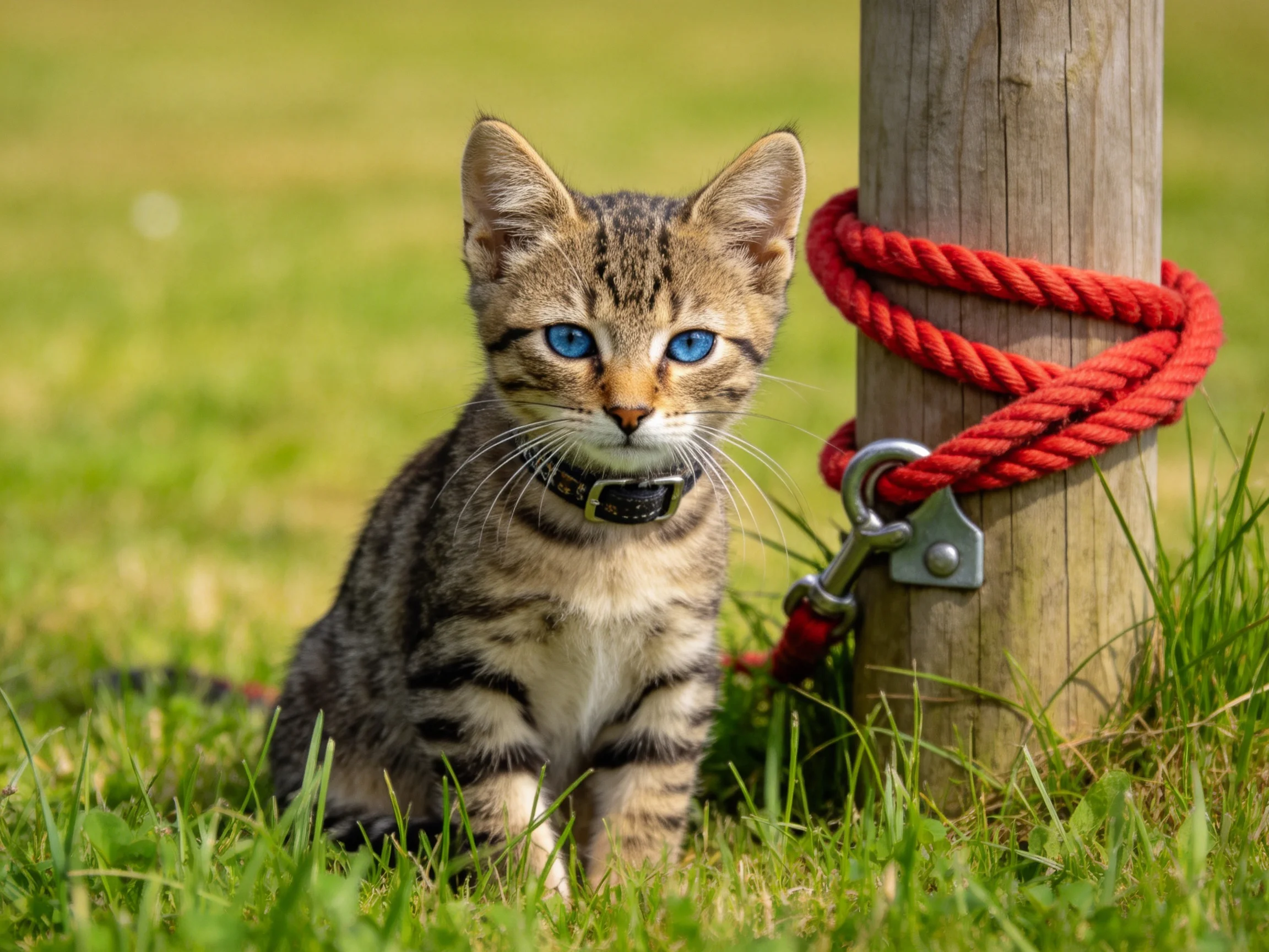 A tabby kitten with blue eyes sits near a wooden post tied with red rope.