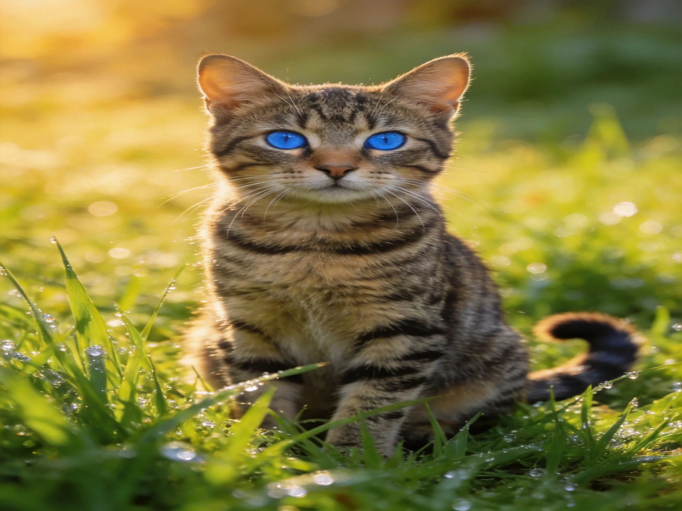 A tabby kitten with vivid blue eyes rests on dew-covered grass under sunlight.