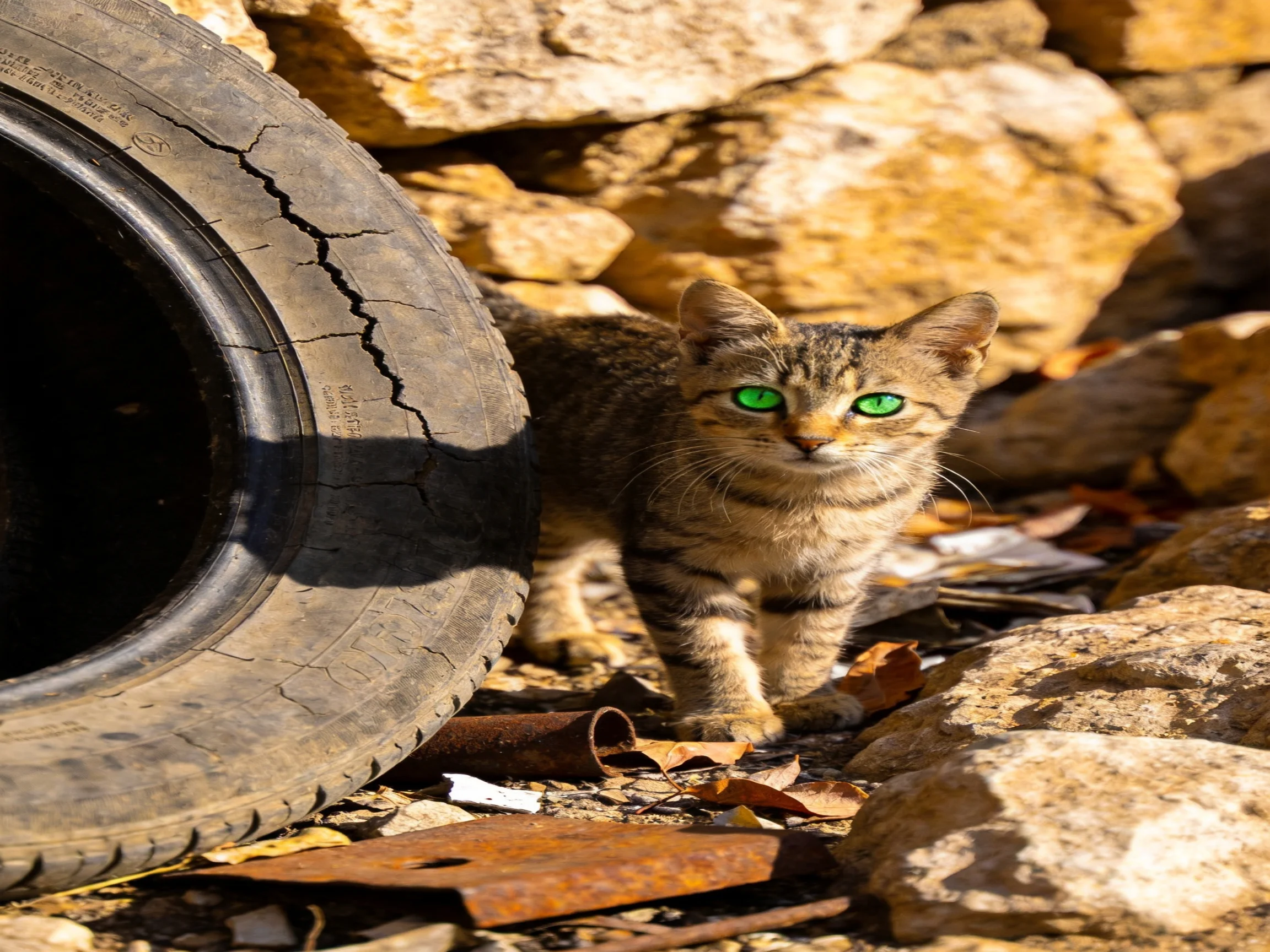A tabby kitten with bright green eyes stands near an old cracked tire among rocks.