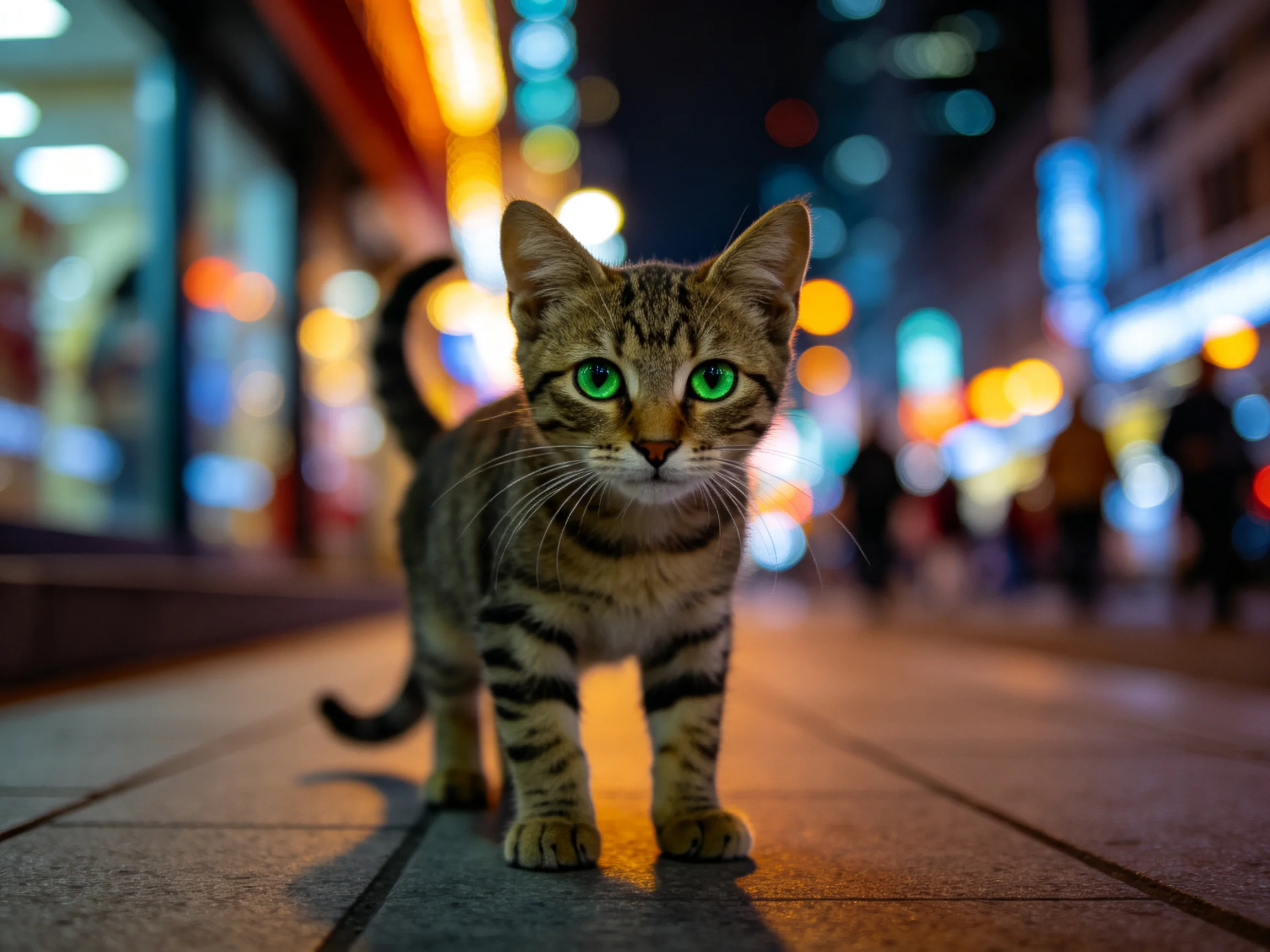 A tabby kitten with green eyes stands on a brightly lit city sidewalk.