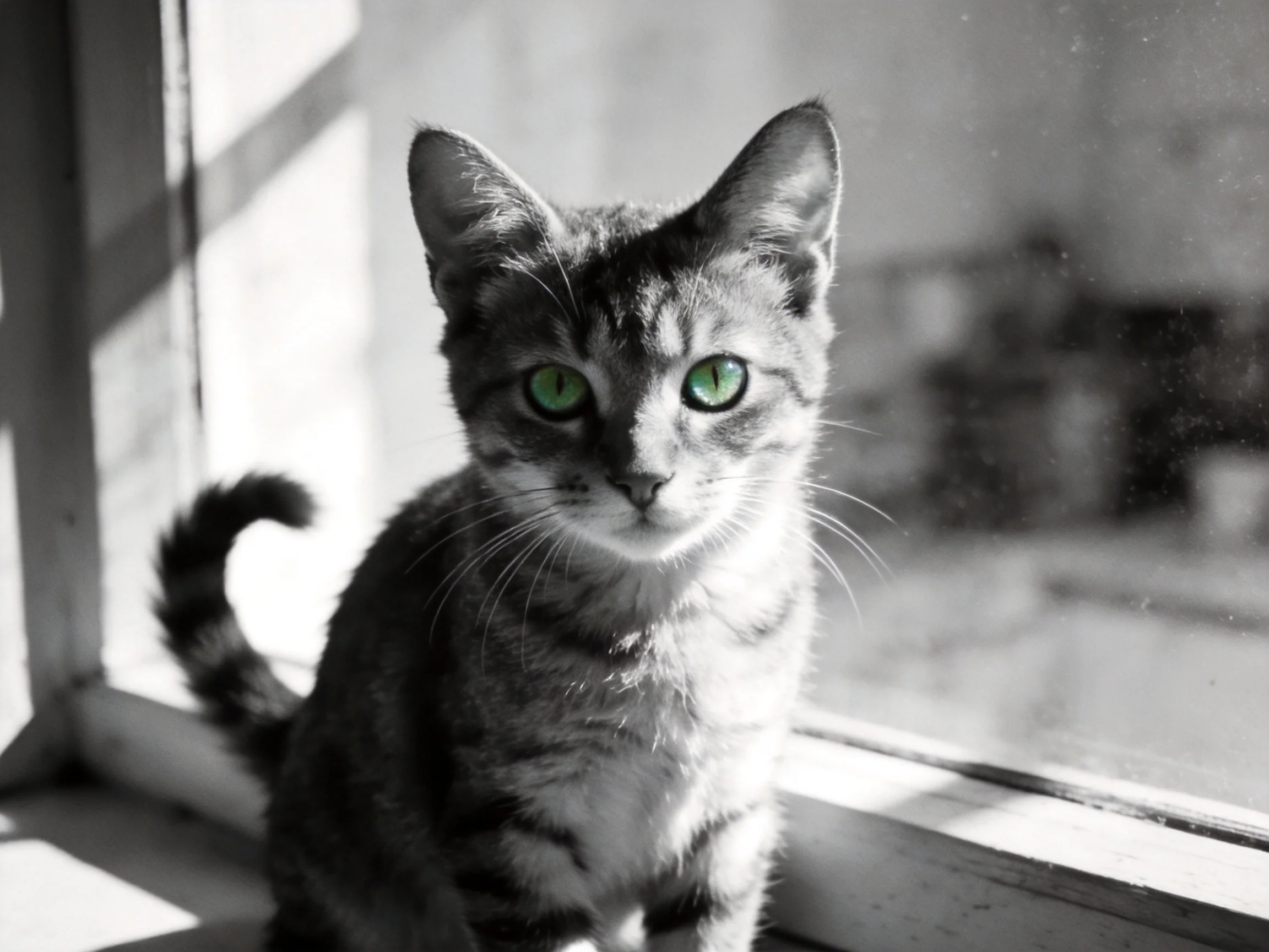 A tabby kitten with green eyes sits near a sunlit window.
