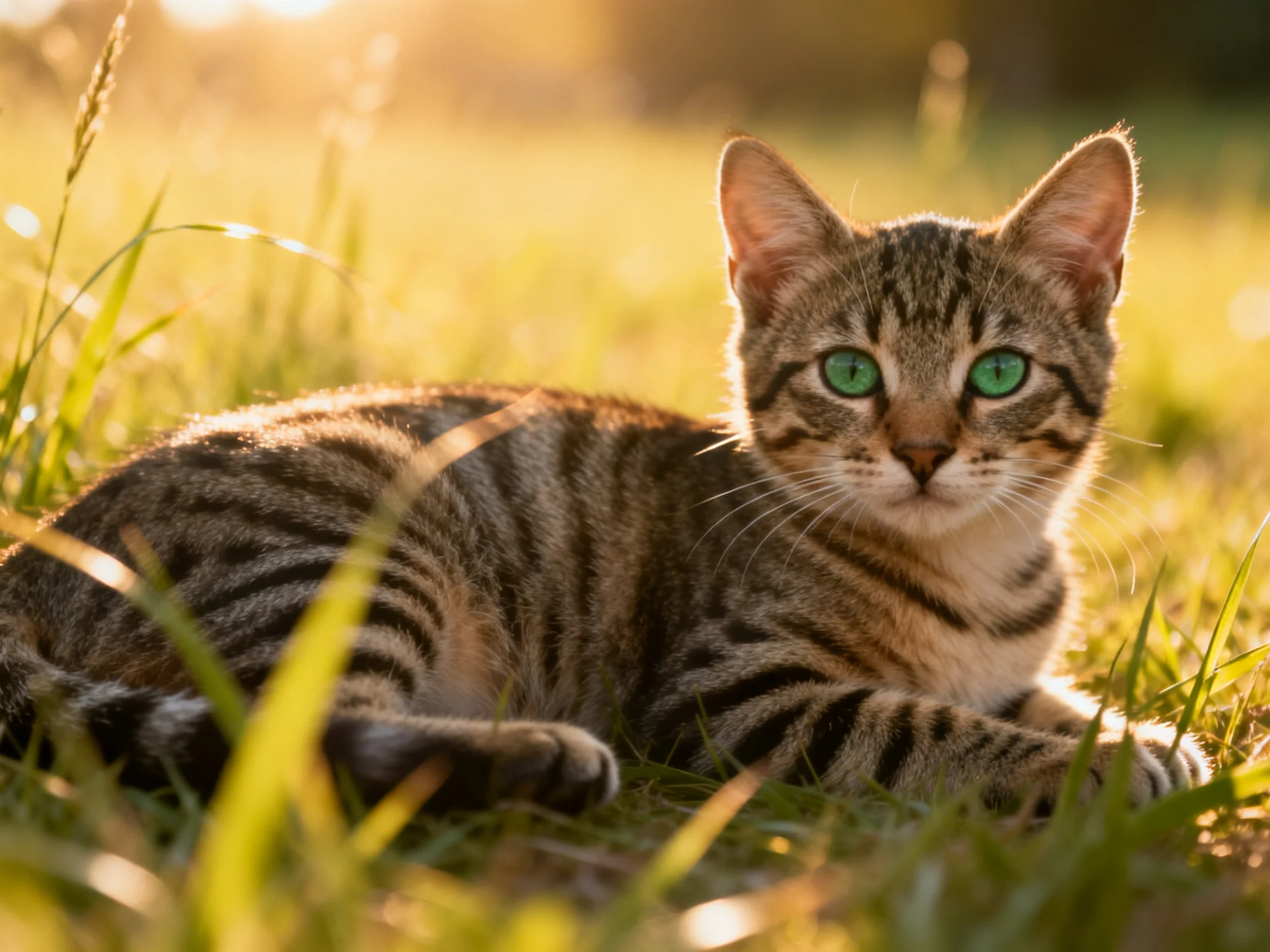 A tabby kitten with green eyes rests in sunlit grass.