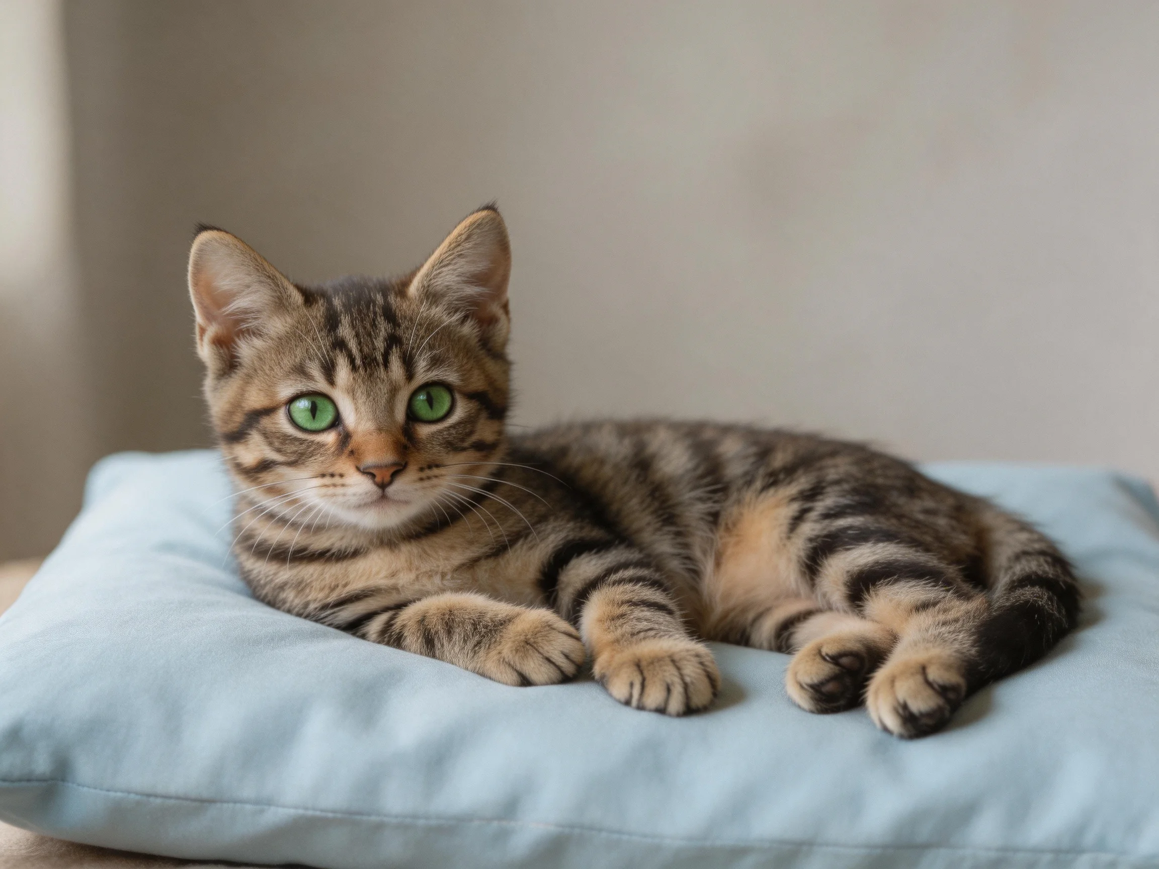 A tabby kitten with green eyes relaxes on a light blue cushion.