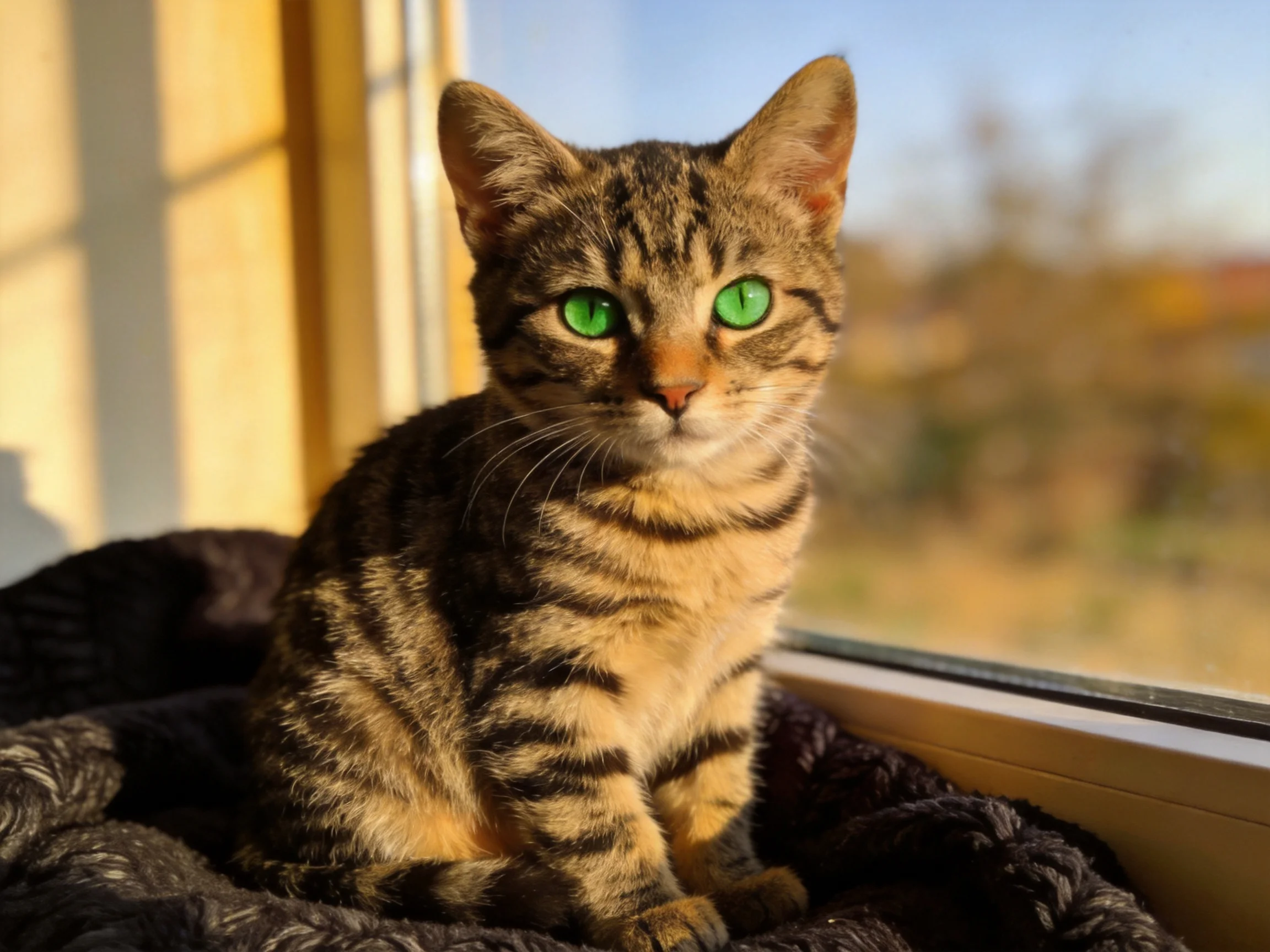 A tabby kitten with green eyes relaxes near a sunlit window