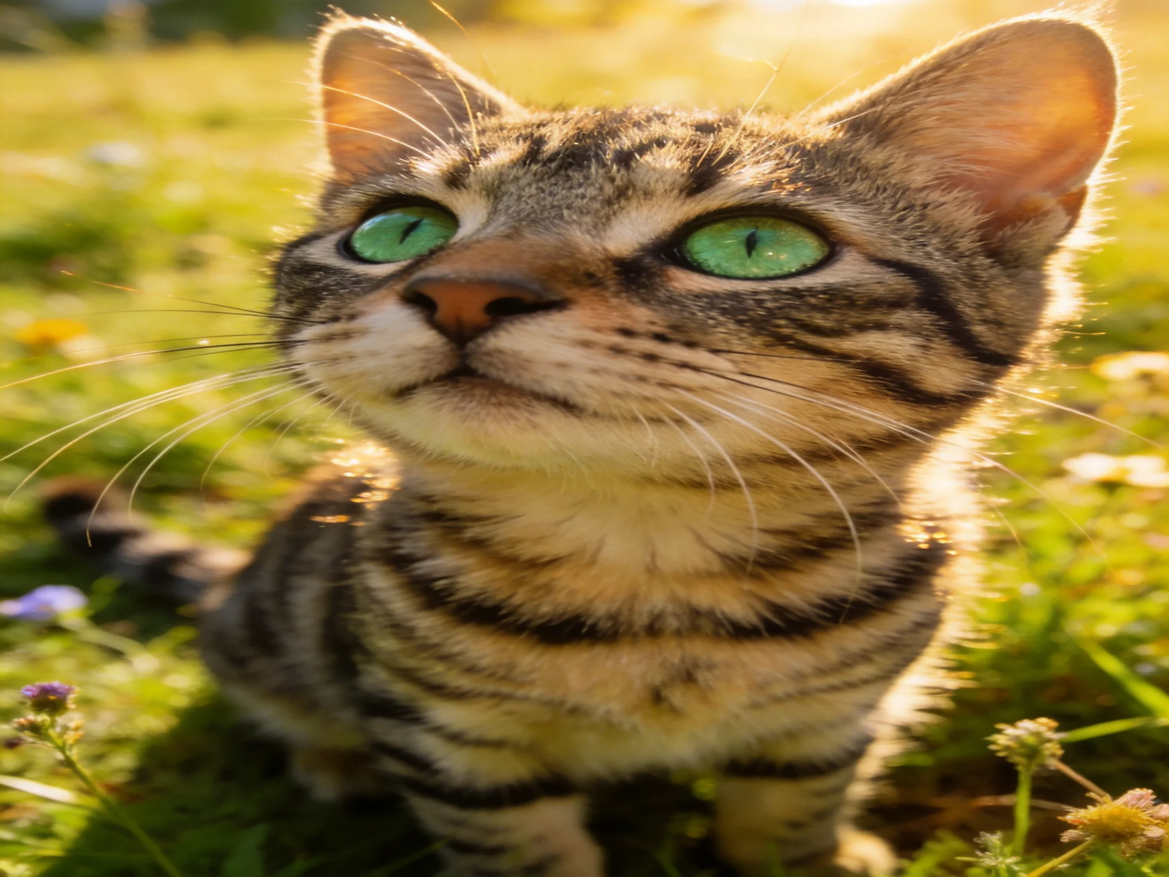 A tabby kitten with green eyes looks upward in a sunlit meadow.