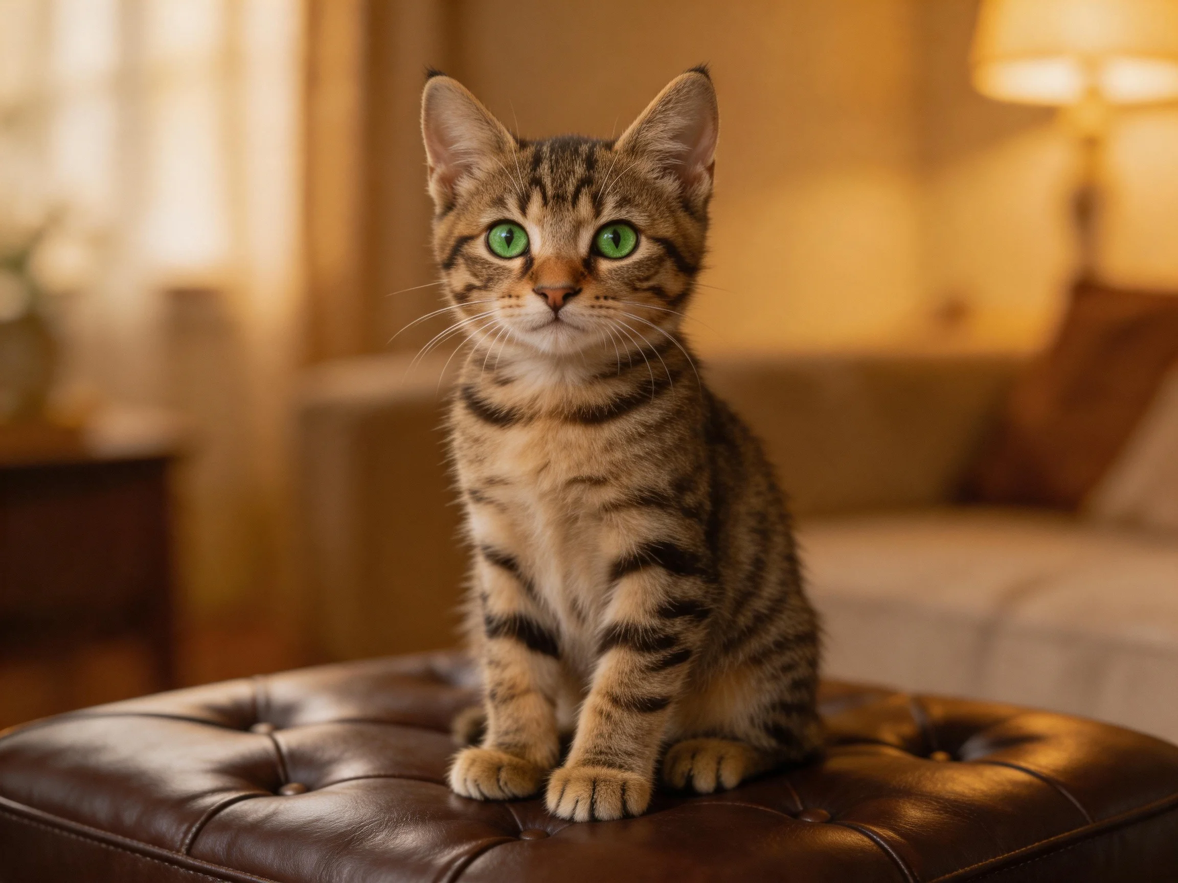 A tabby kitten with green eyes sits on a brown ottoman in a cozy room.