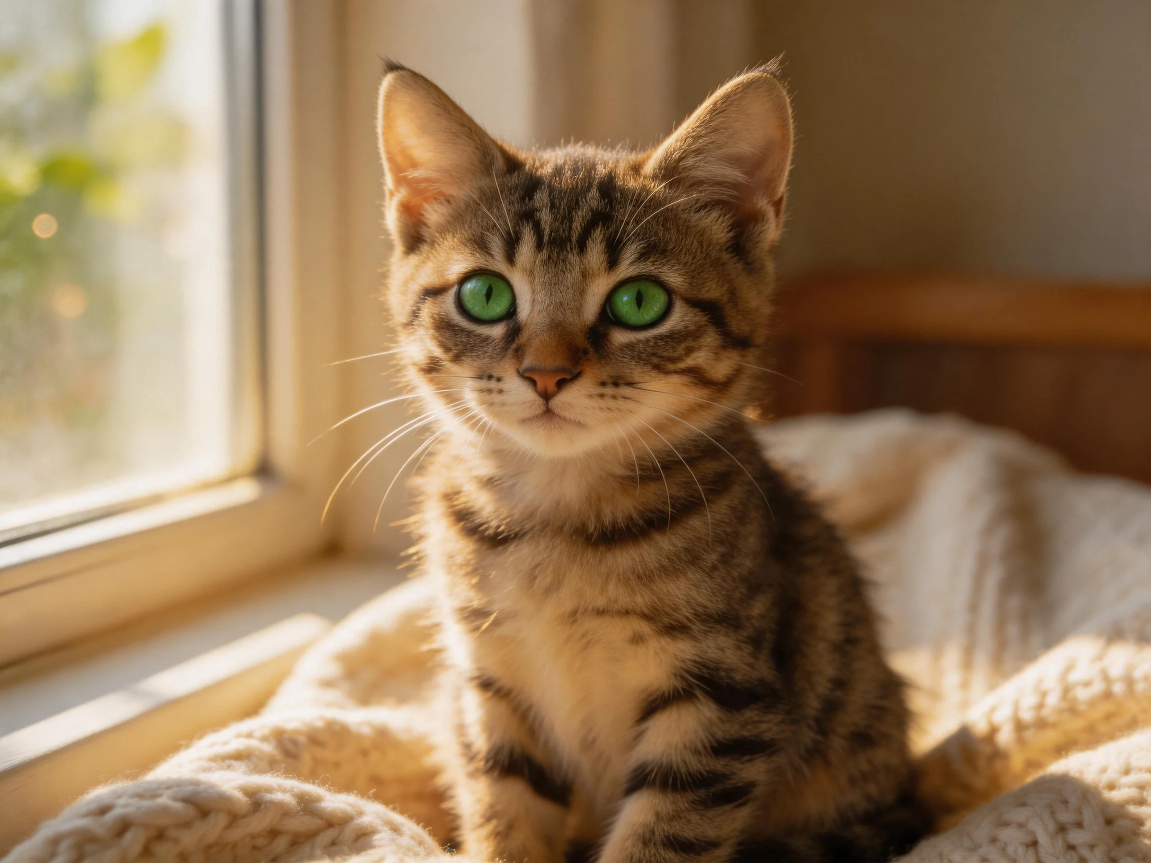 A tabby kitten with green eyes sits on a blanket near a sunlit window.