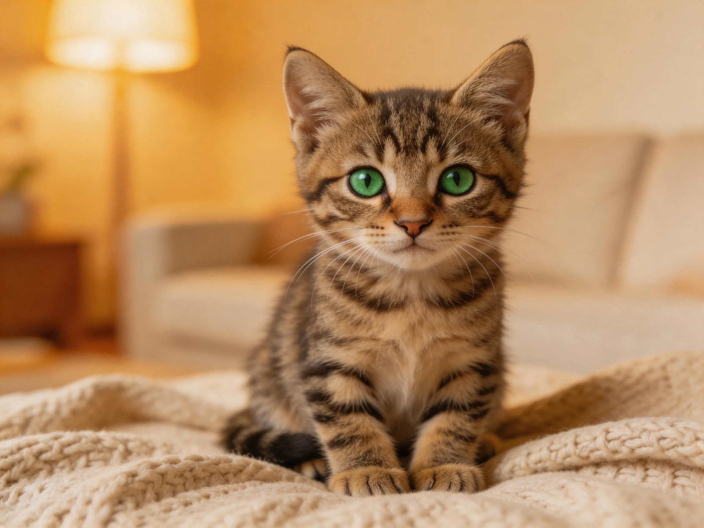 A tabby kitten with green eyes sits on a blanket in a cozy room