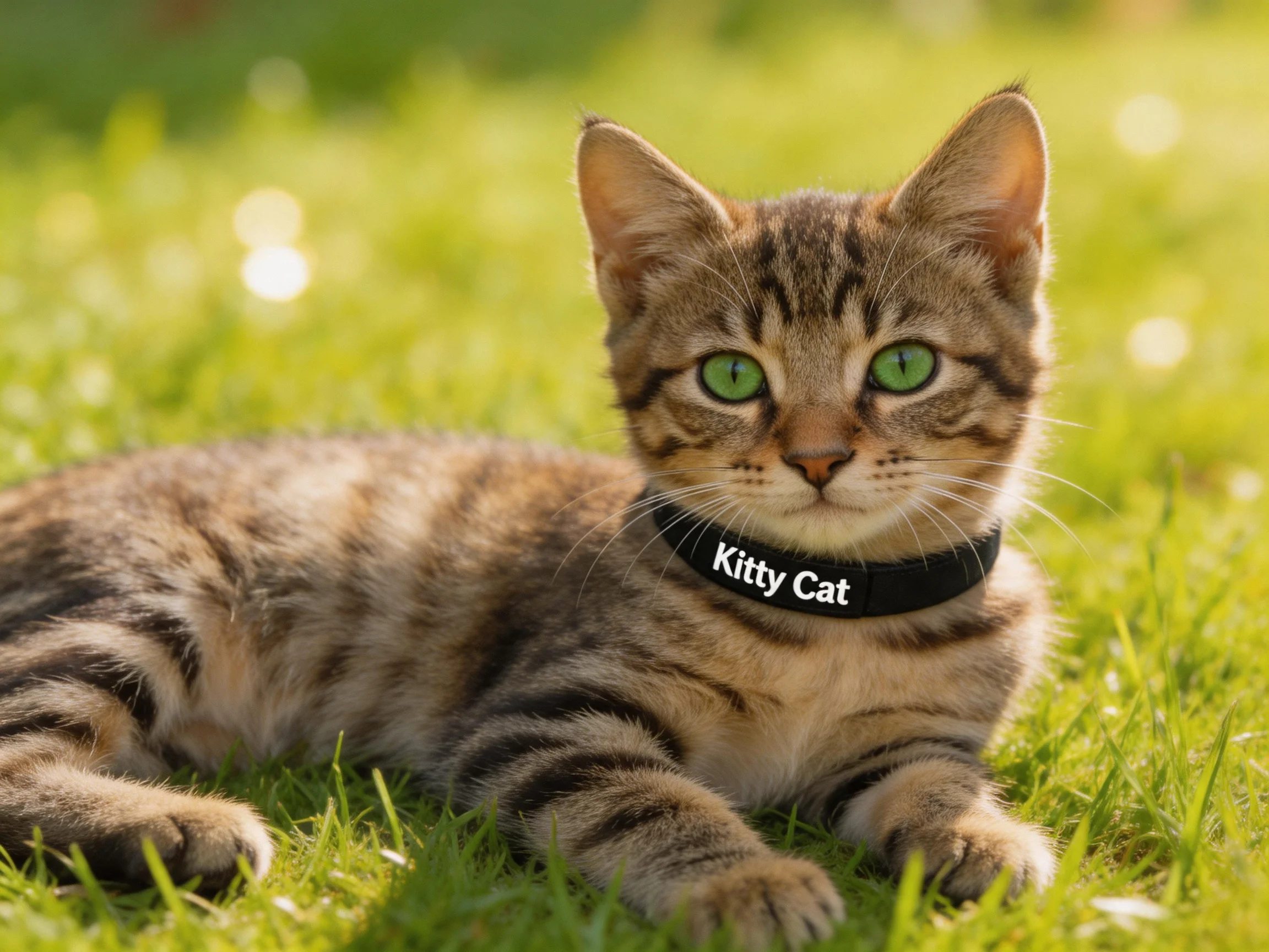 Tabby kitten with a Kitty Cat collar relaxes on green grass.