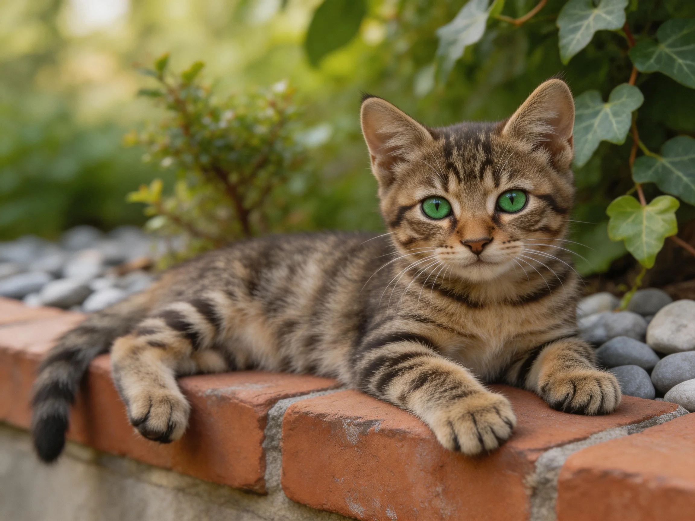 A tabby kitten with emerald eyes lounges on a brick ledge amid greenery
