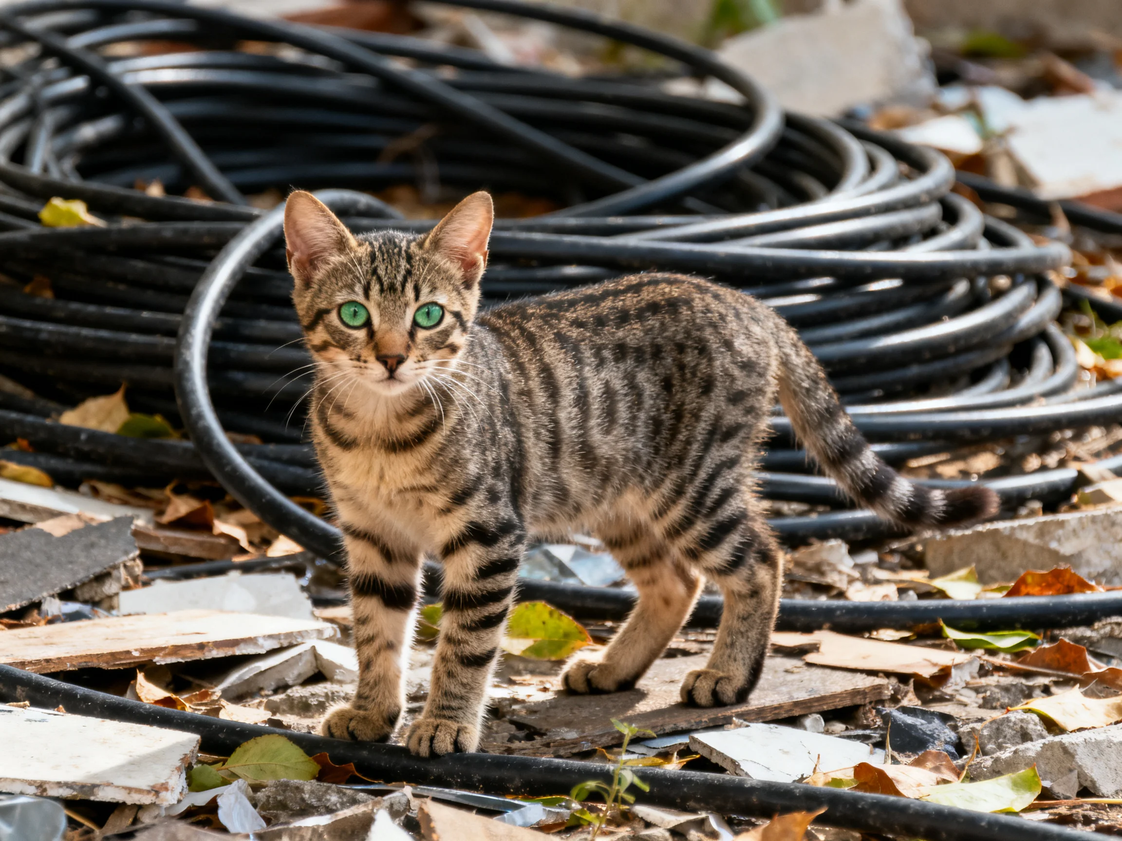 A tabby kitten with green eyes stands among scattered debris and coiled cables.