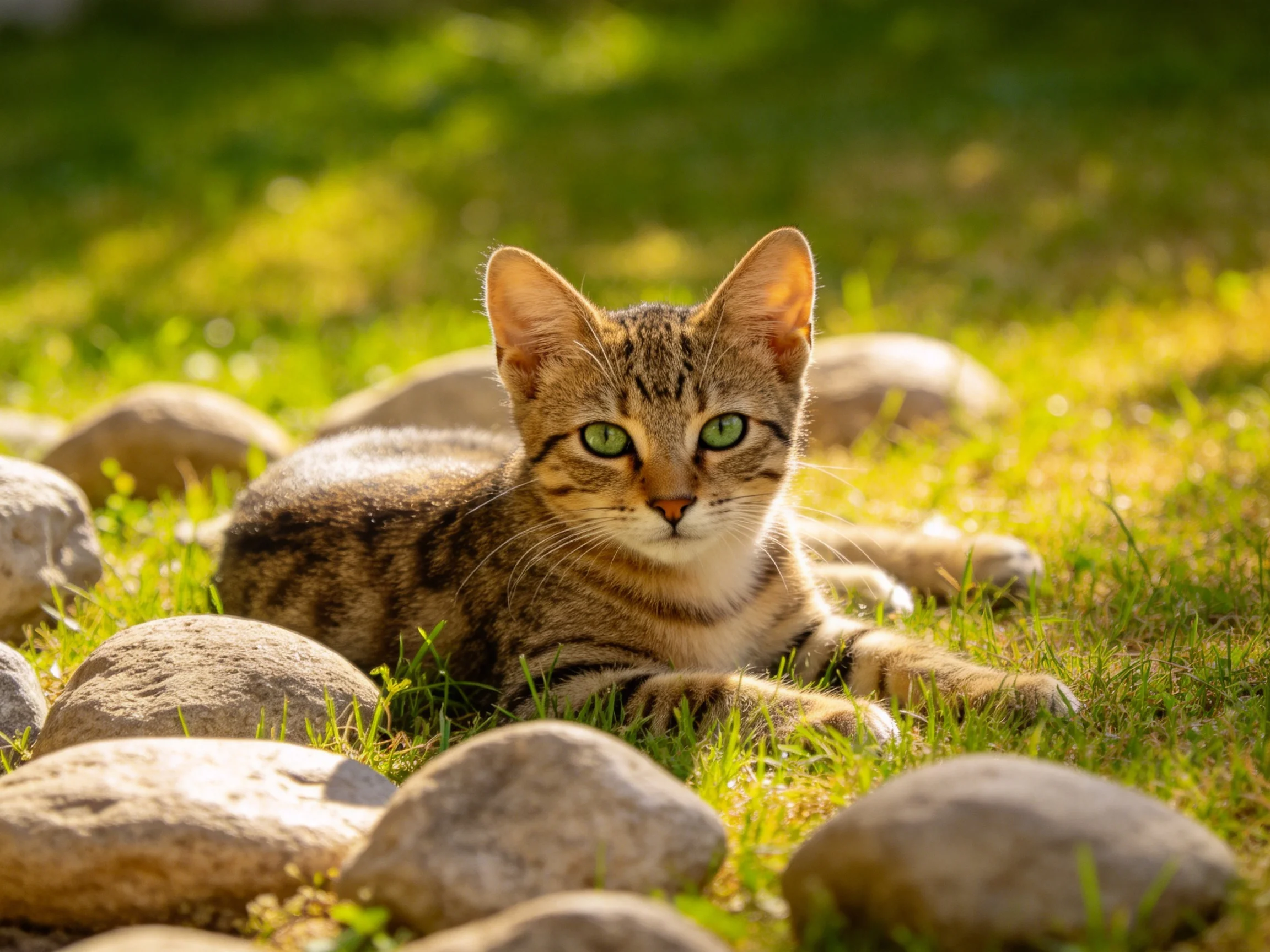 A tabby kitten with green eyes lies among smooth stones in a sunlit grassy area.