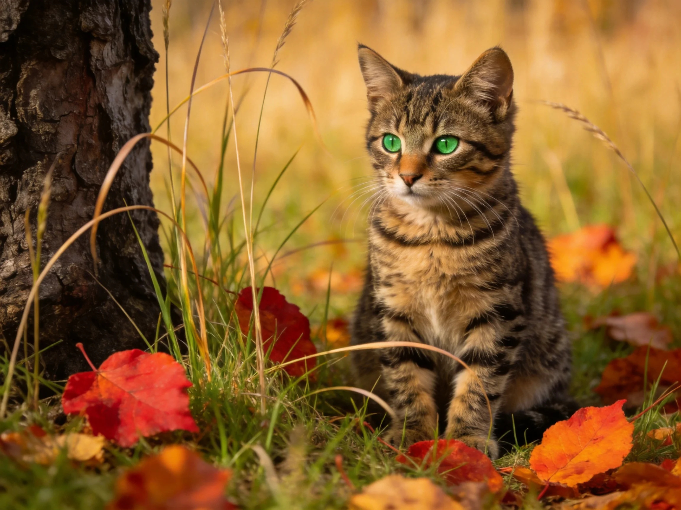 A tabby kitten with green eyes rests among autumn foliage near a tree