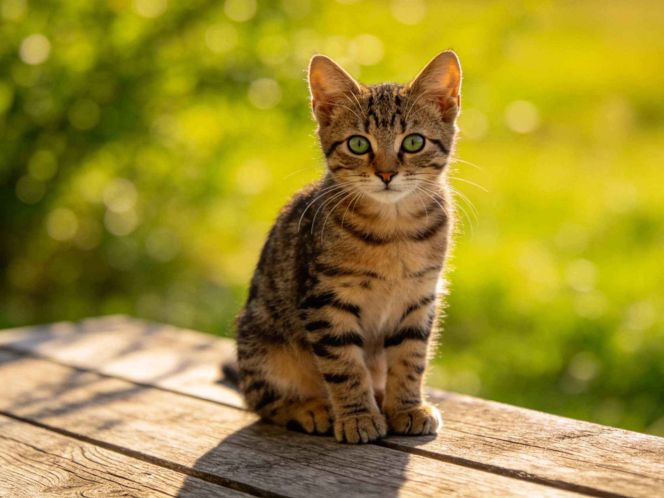 A tabby kitten with green eyes sits on a wooden surface in a sunlit outdoor setting.