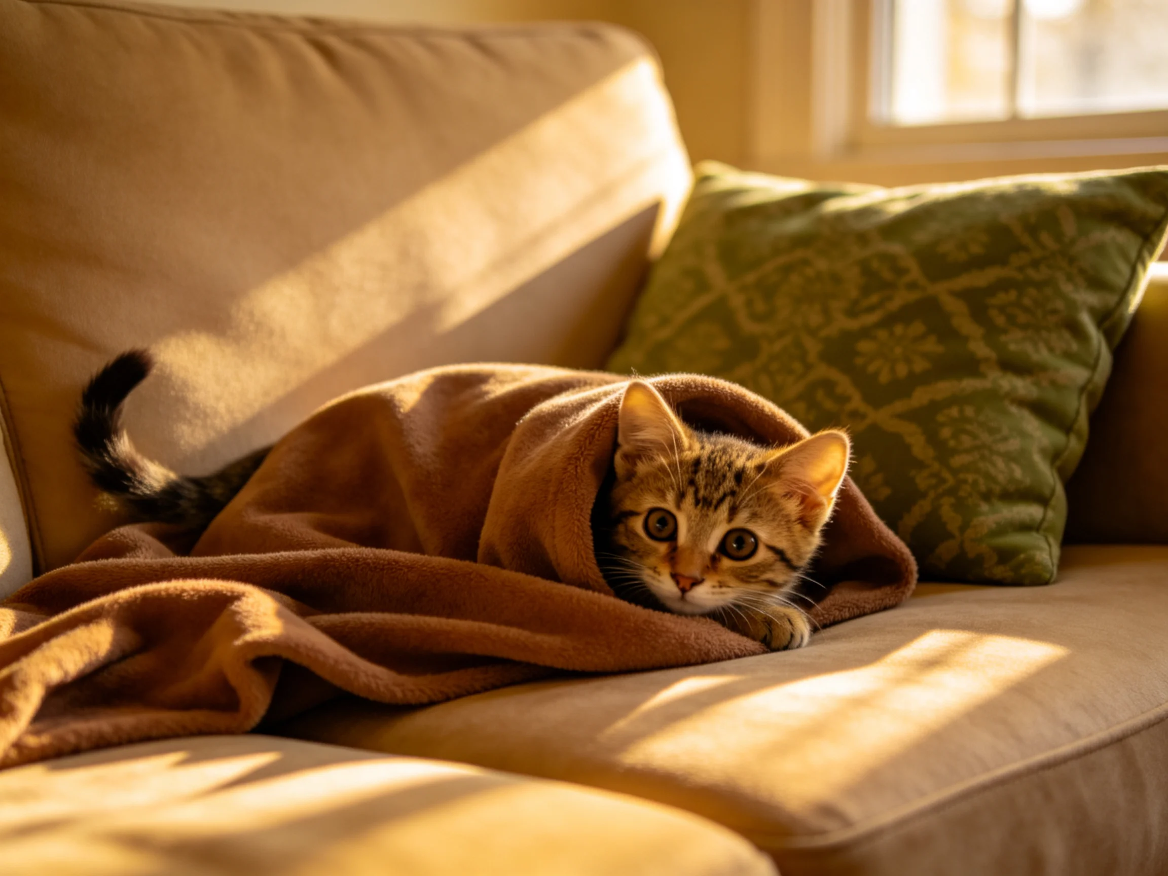 A tabby kitten wrapped in a brown blanket on a beige sofa