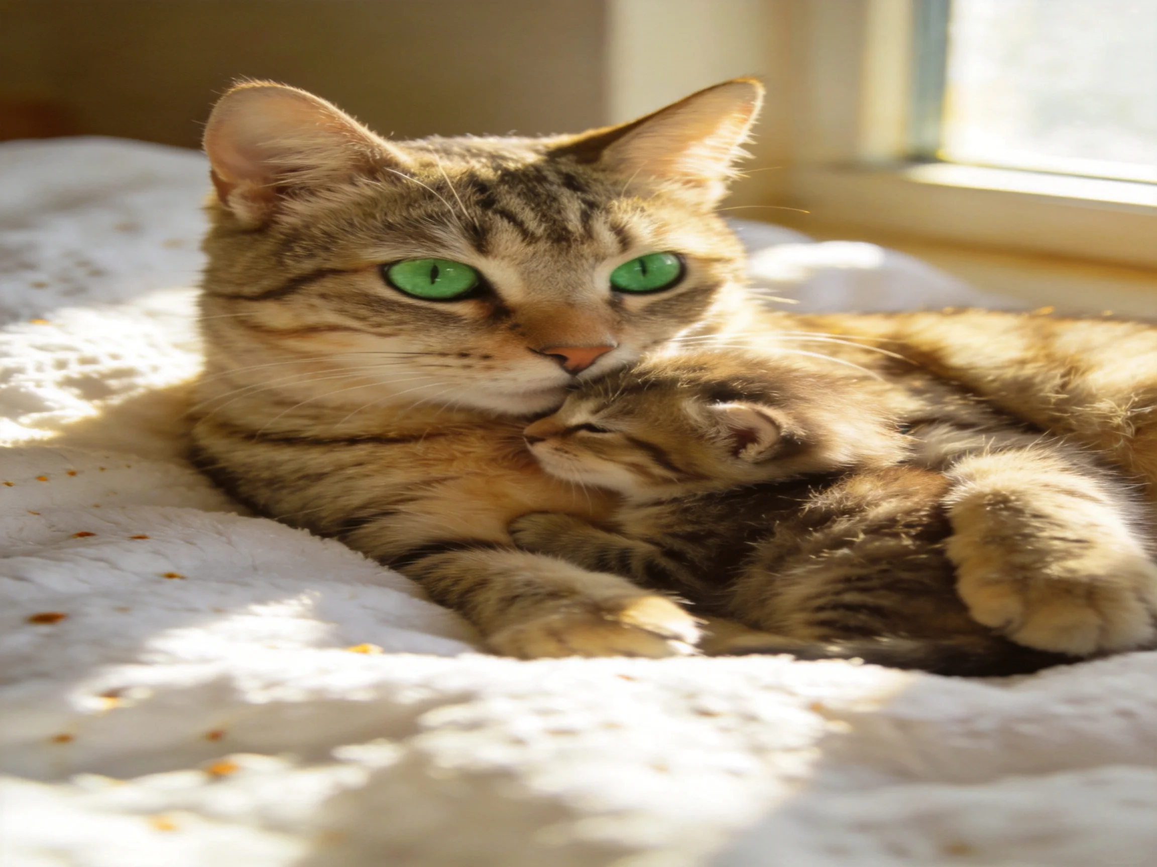 A tabby mother cat with green eyes cuddles her kitten on a white blanket by a sunlit window