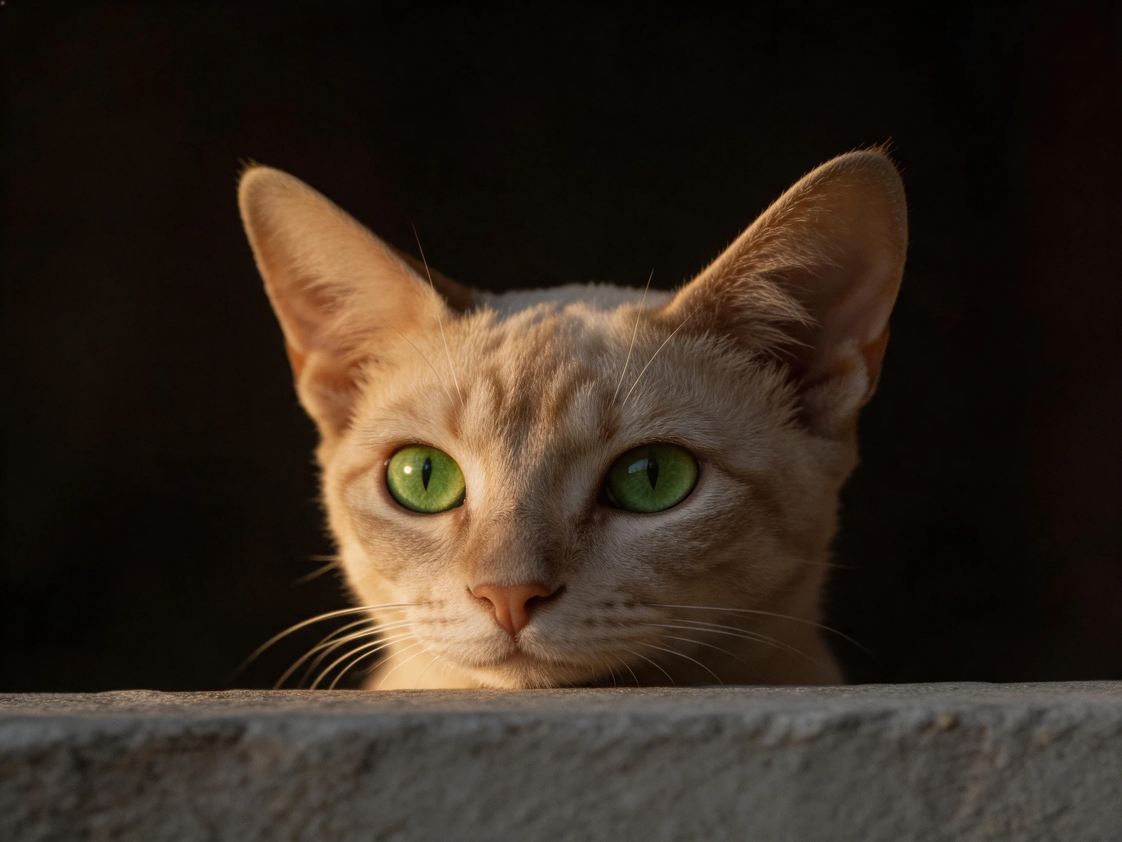 A tan cat with green eyes peeks over a stone ledge in a dark setting.
