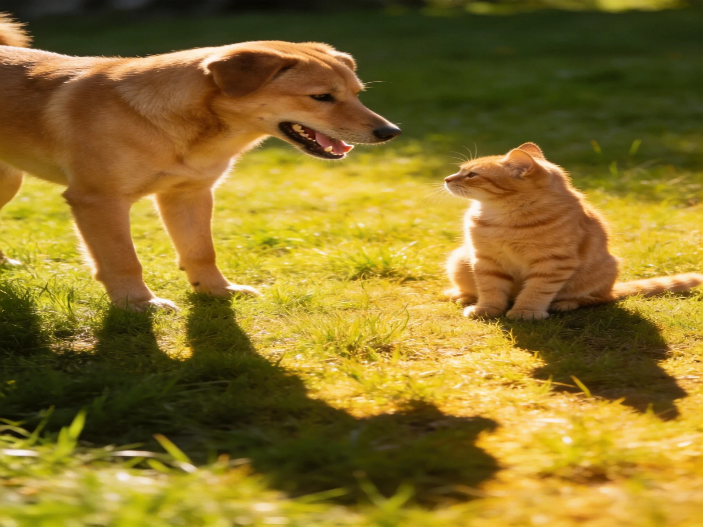 A tan dog and orange cat interact on sunlit green grass