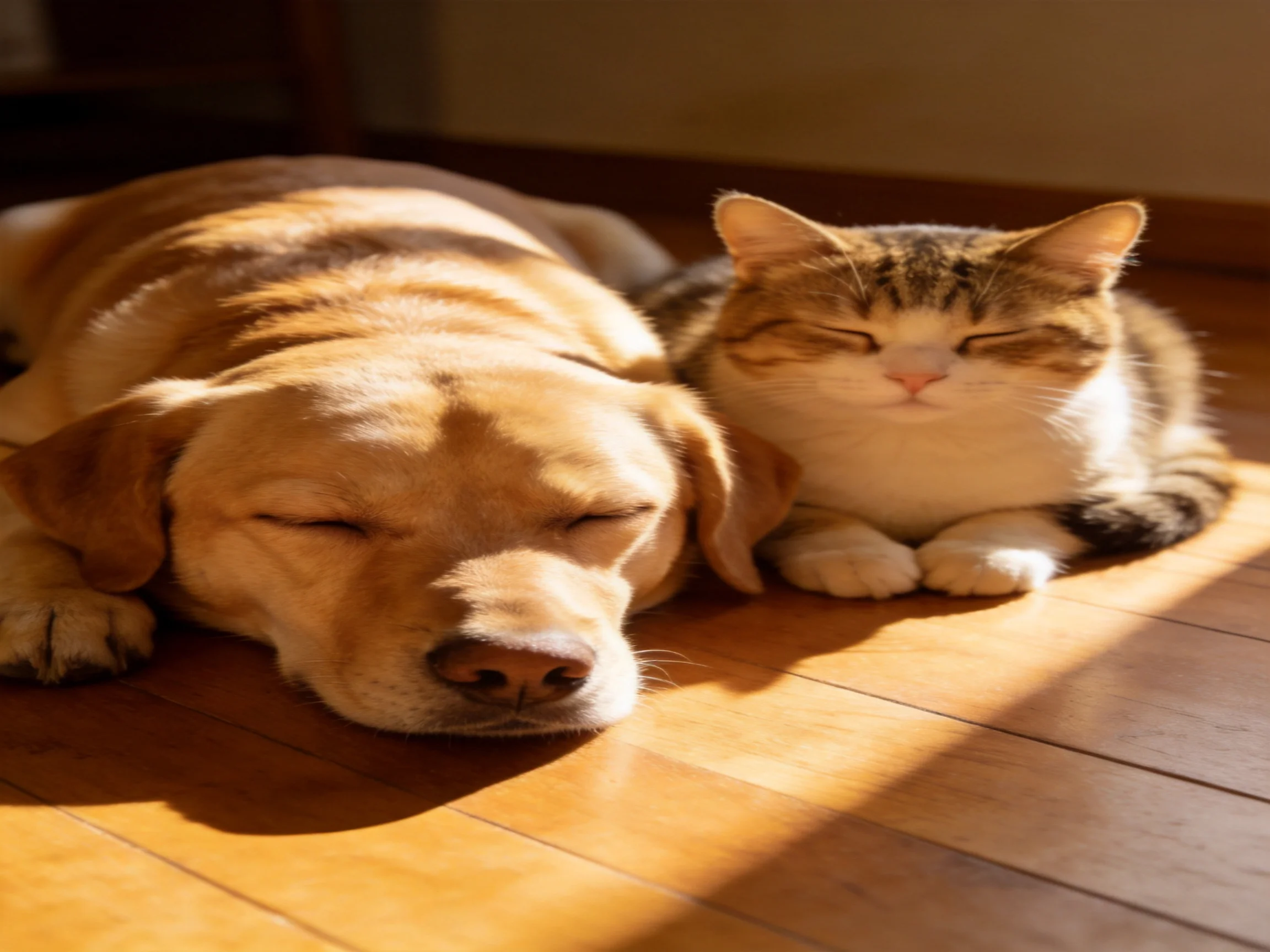 A tan dog and orange-tabby cat rest together on a wooden floor in sunlight