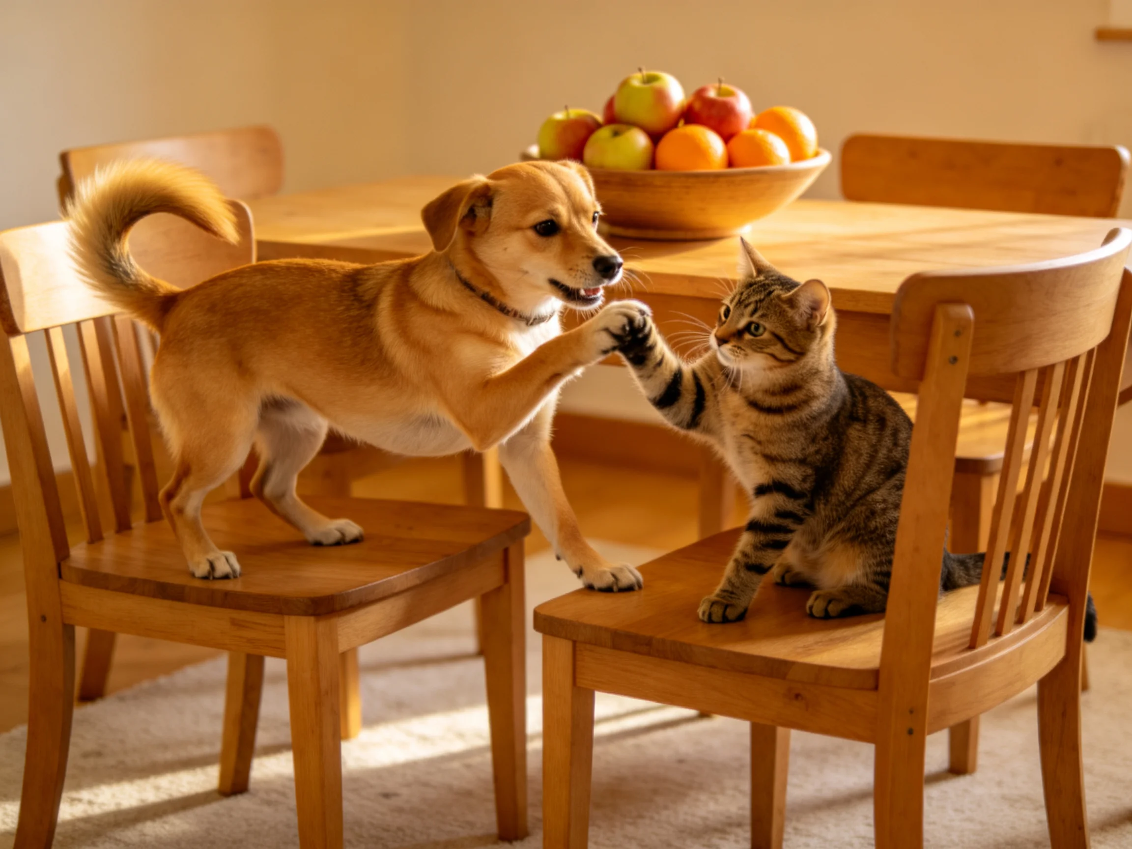 A tan dog and tabby cat play on wooden chairs by a round table