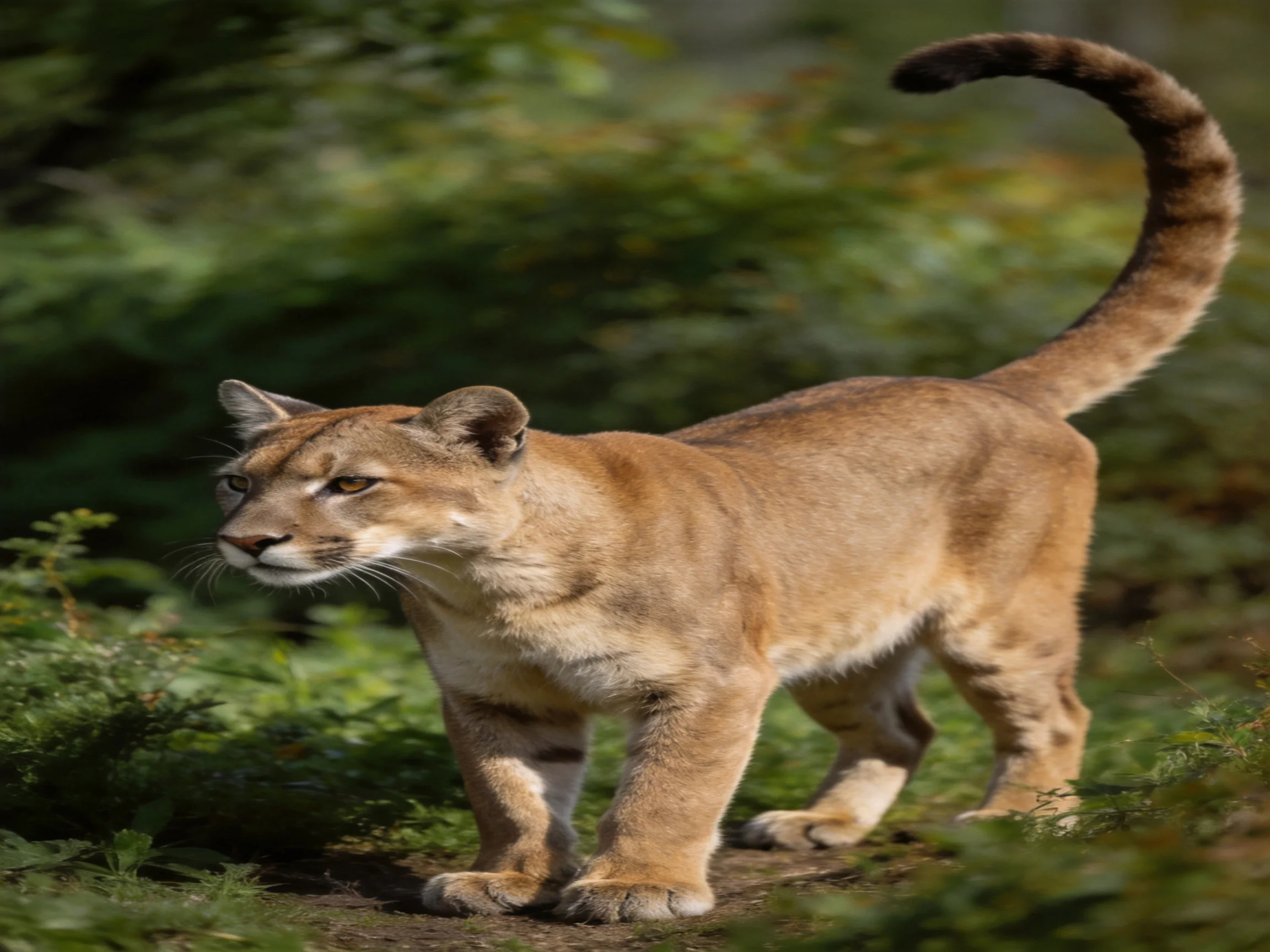 A tawny cougar stands alert among lush green foliage