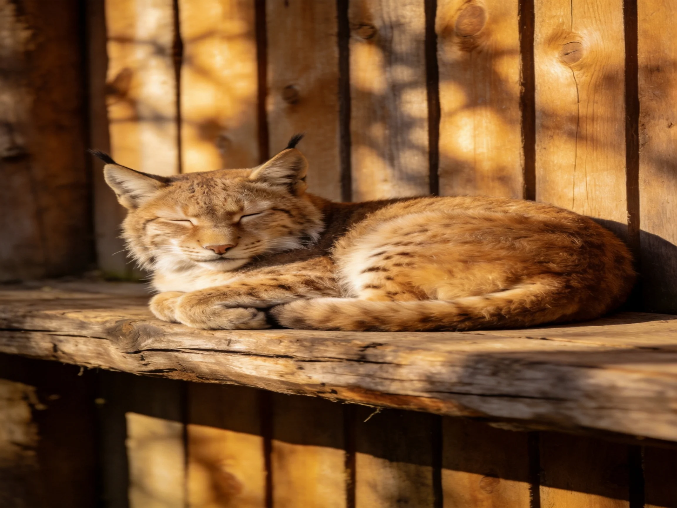 A tawny lynx rests on weathered wooden planks in golden sunlight