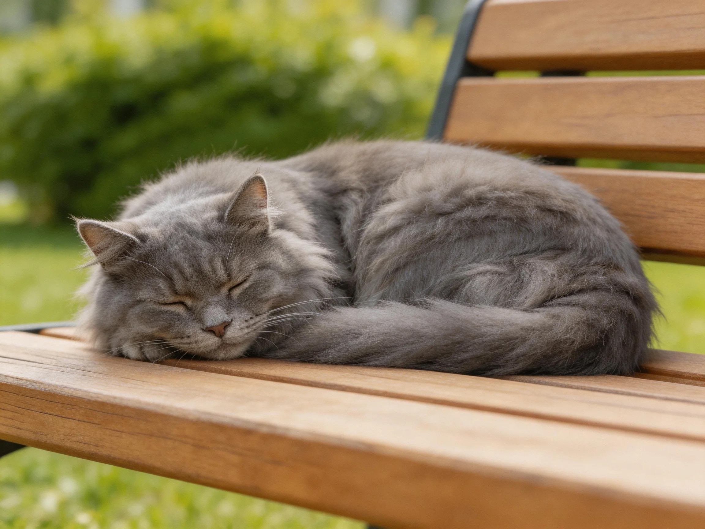 A thick-furred gray cat sleeping on a wooden bench in a garden