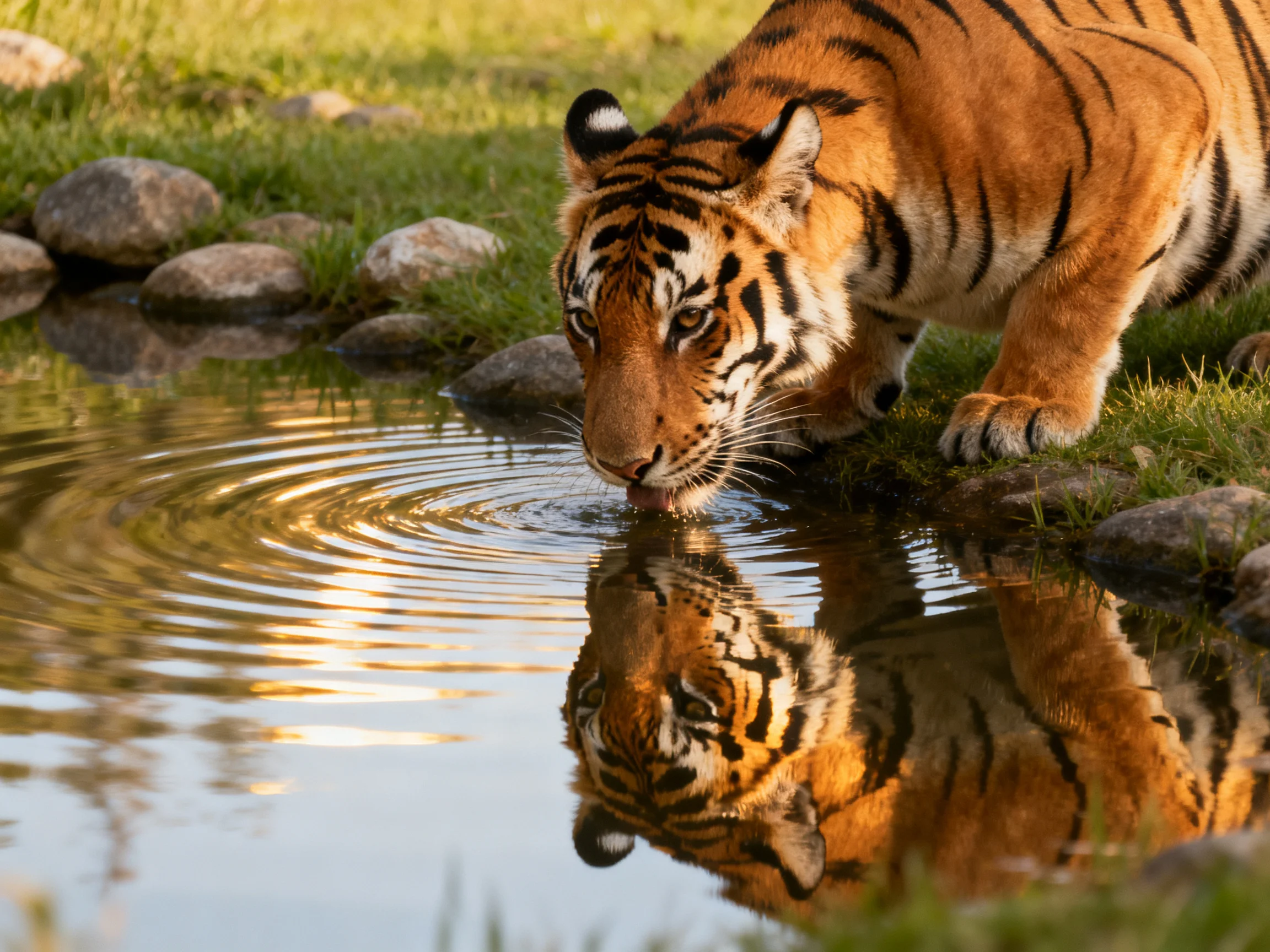 A tiger drinks from a calm pond near rocky shores with green grass