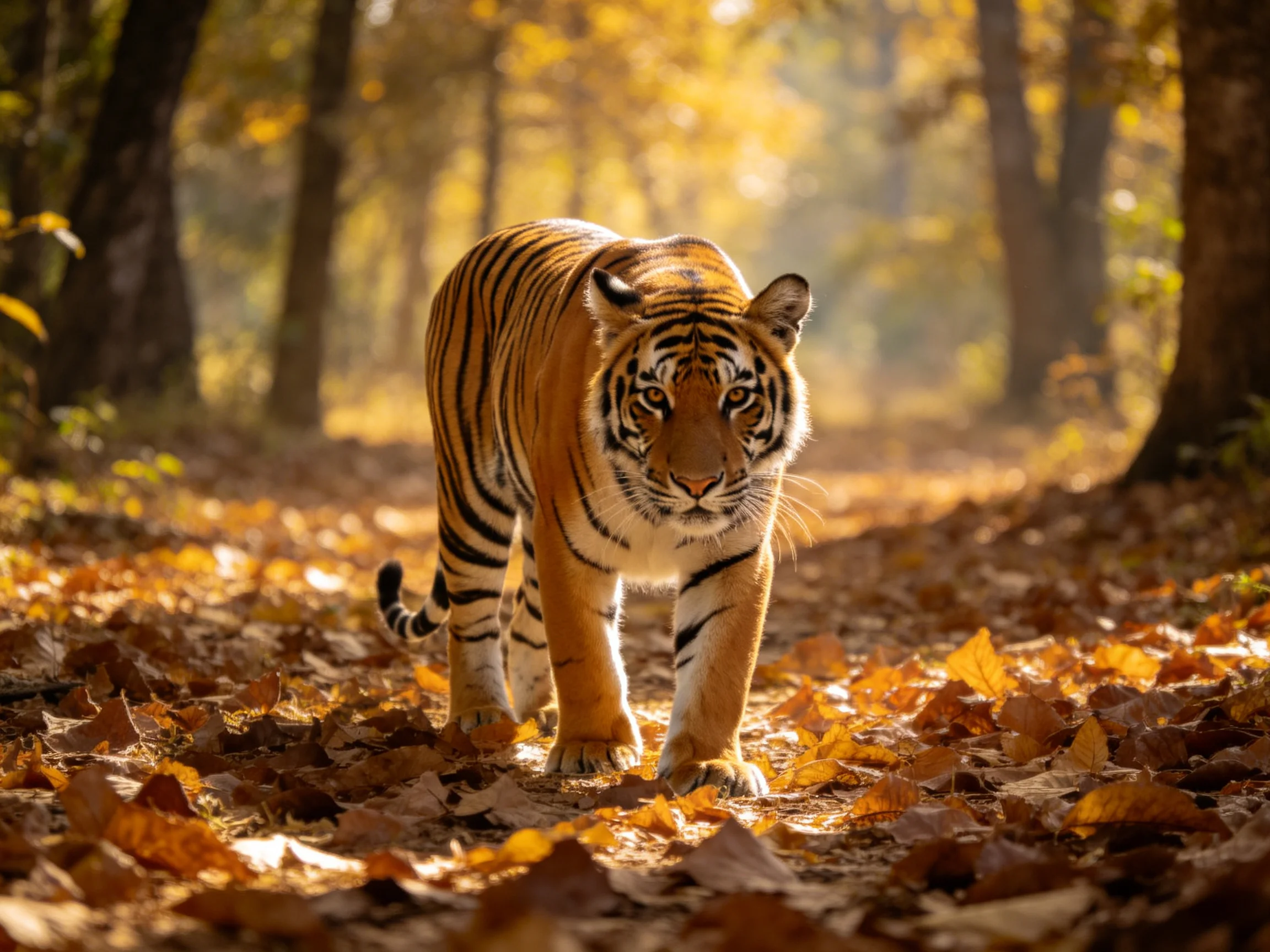 A tiger walks through a sunlit forest filled fallen autumn leaves.