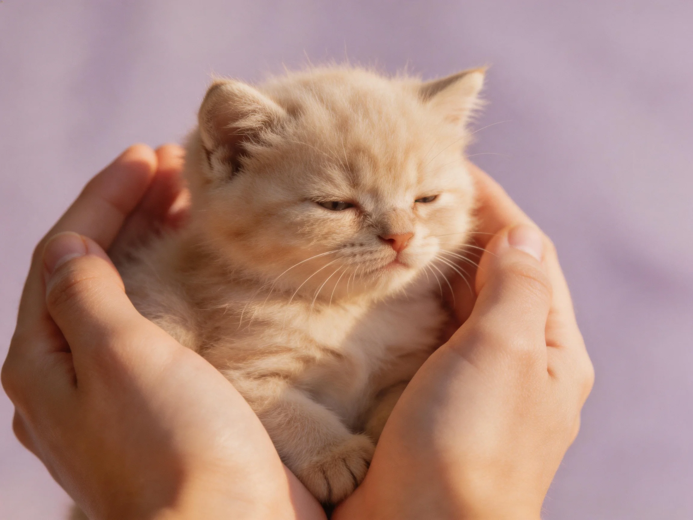 A tiny cream - hued kitten cradled in cupped hands against a soft purple backdrop