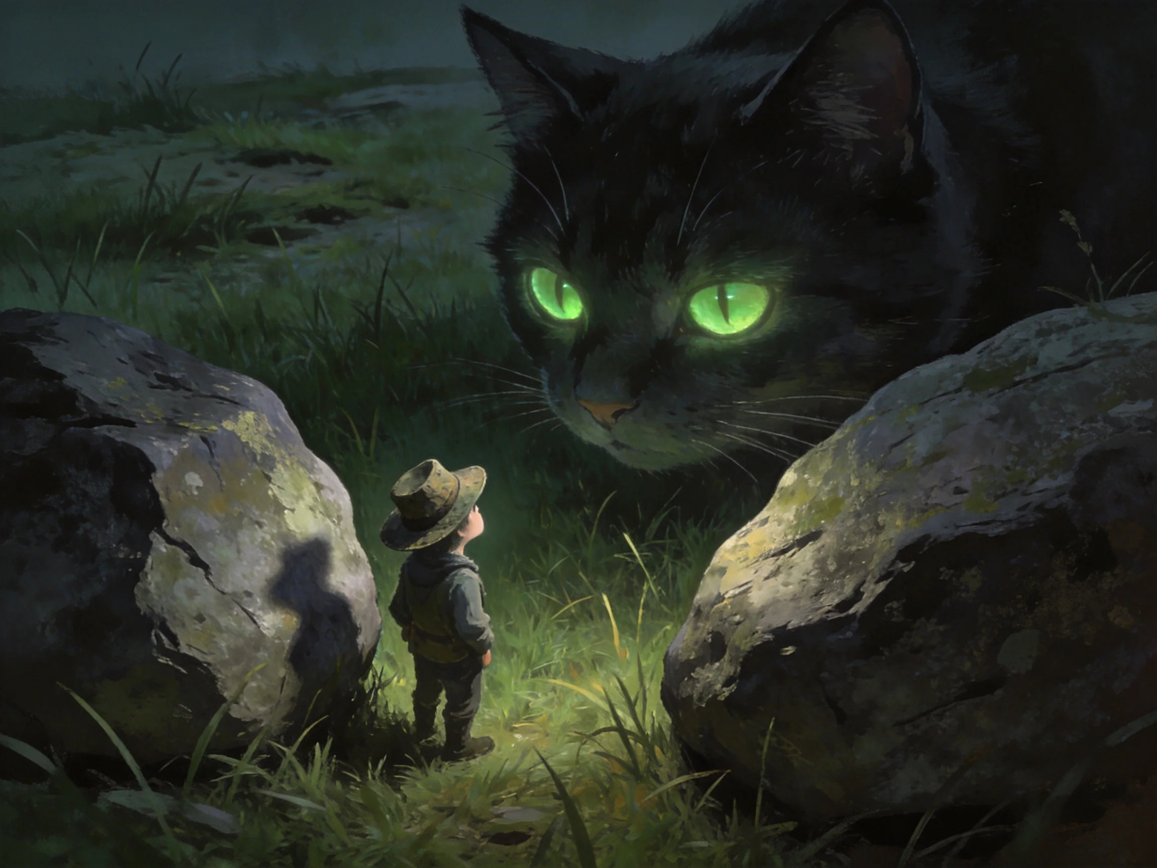 A tiny figure faces a giant black cat with glowing green eyes near mossy rocks
