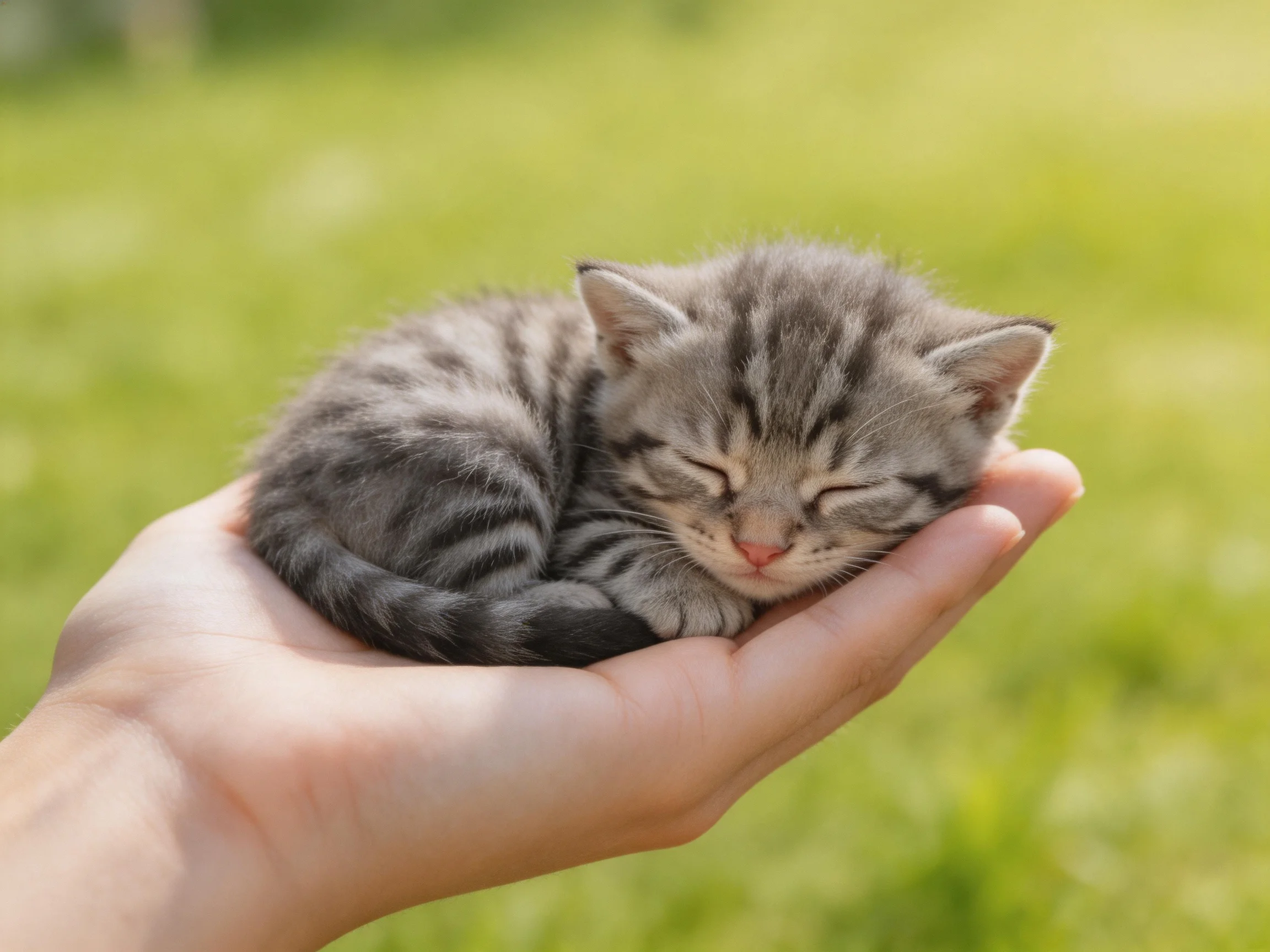 A tiny gray tabby kitten sleeps in a persons hand over a green field